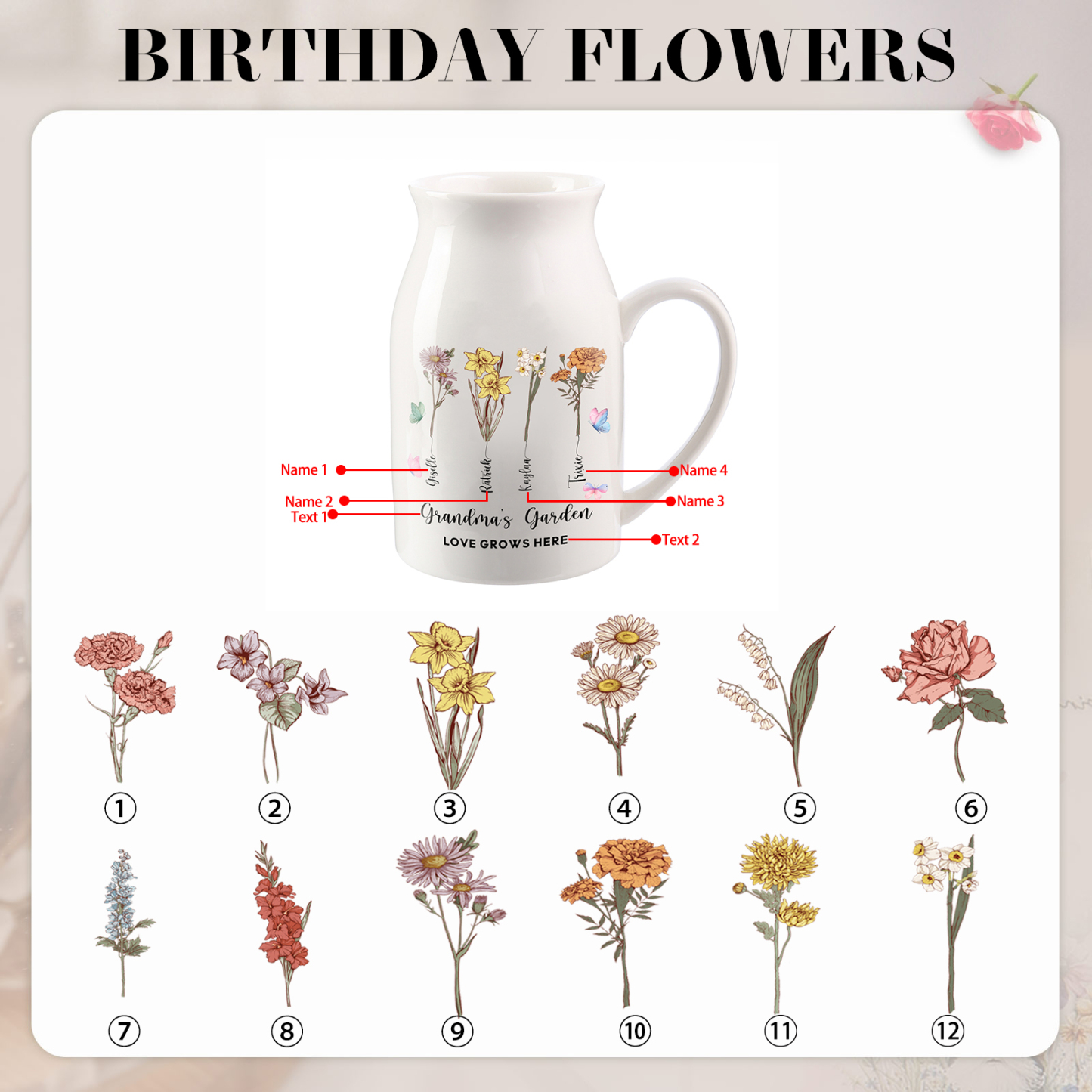 4 Names Personalized Vase with Birthday Flowers – Add 4 Names 2 Texts – Ceramic Custom Gift for Mom, Grandma, Family