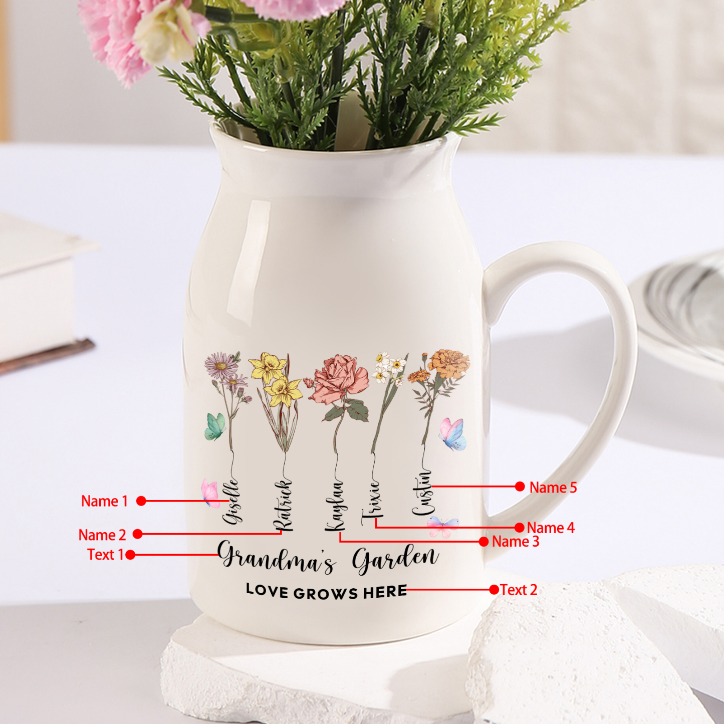 3 Names Personalized Vase with Birthday Flowers – Add 3 Names 2 Texts