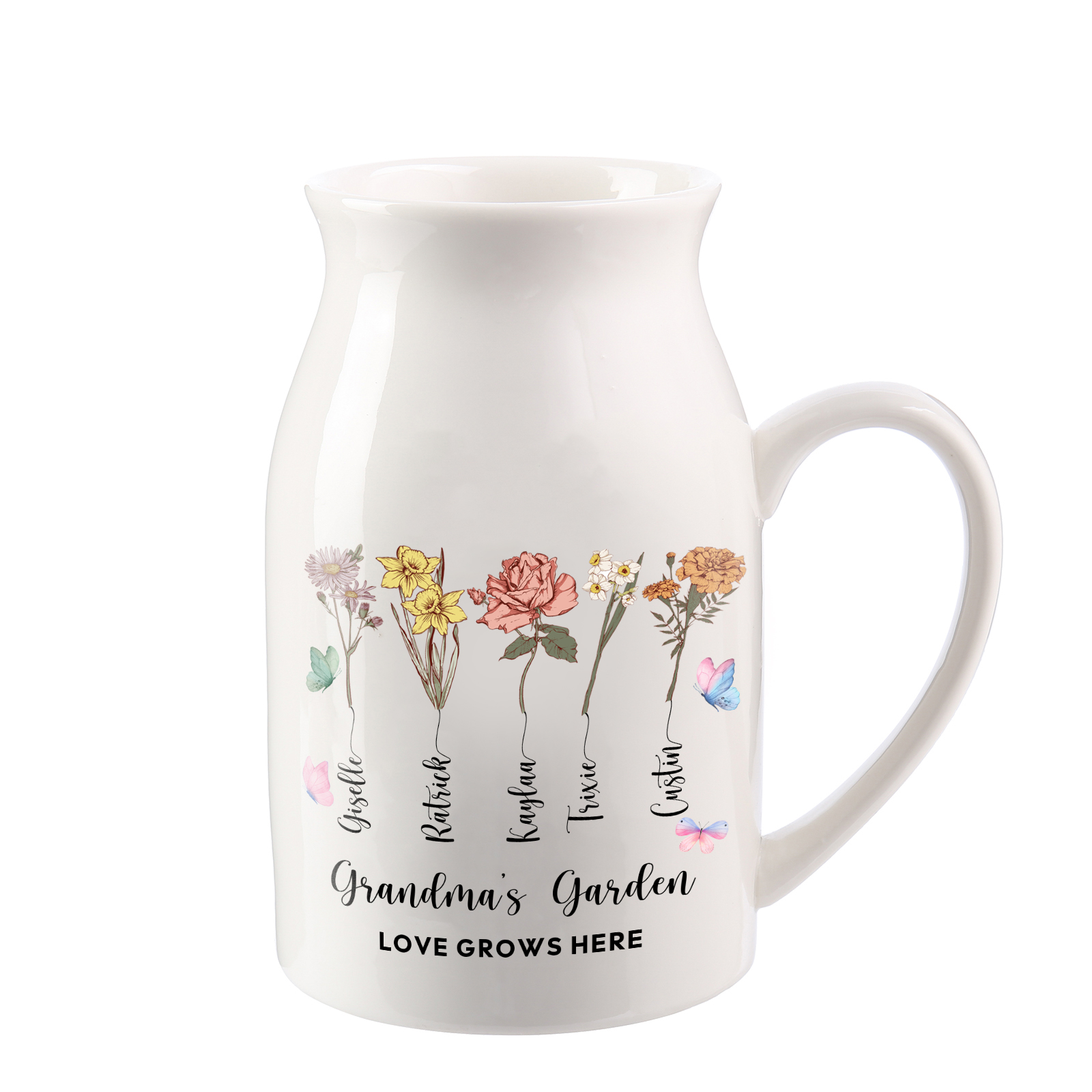 5 Names Personalized Vase with Birthday Flowers – Add 5 Names 2 Texts – Ceramic Custom Gift for Mom, Grandma, Family