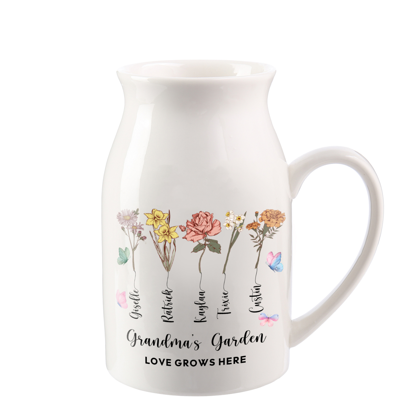 5 Names Personalized Vase with Birthday Flowers – Add 5 Names 2 Texts – Ceramic Custom Gift for Mom, Grandma, Family