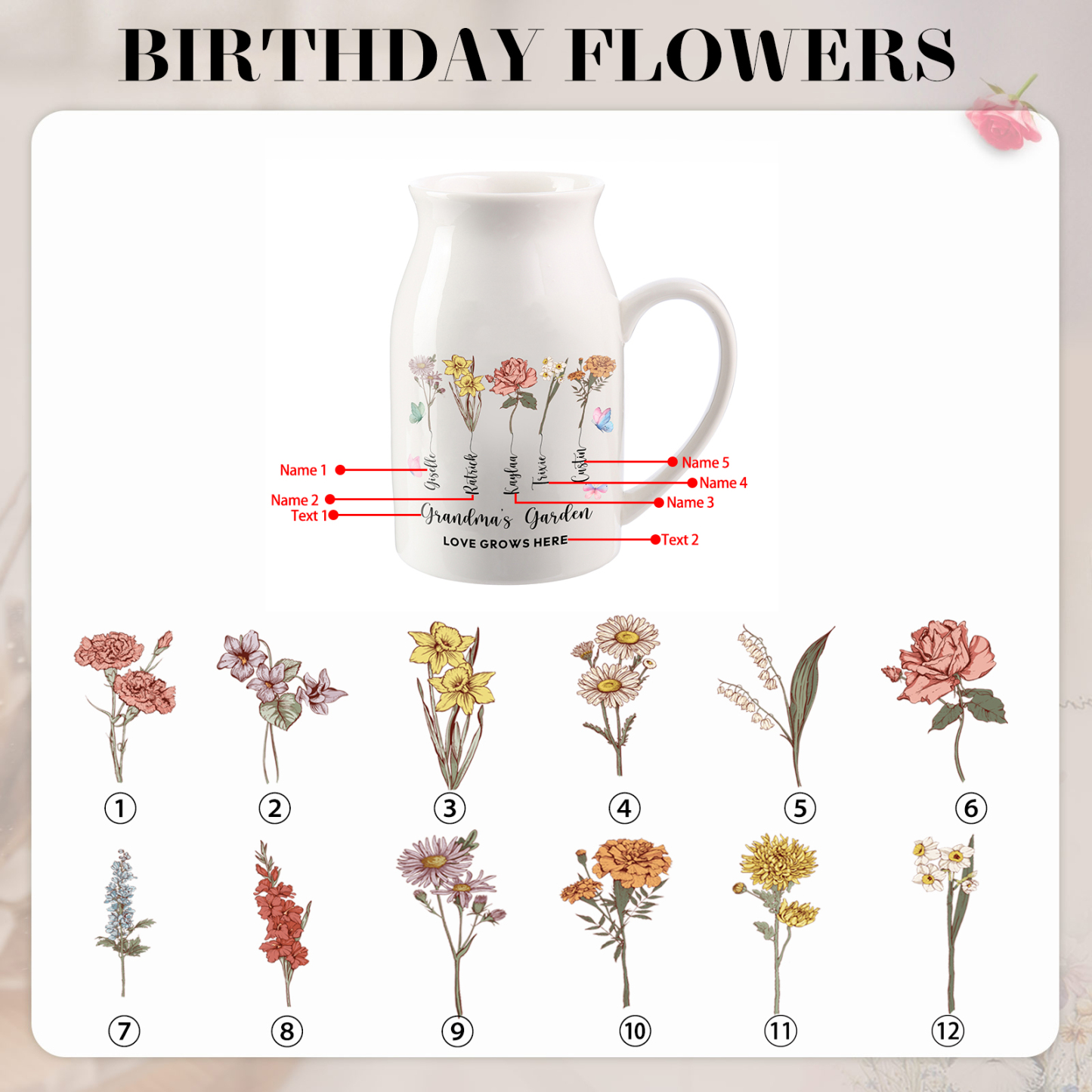 5 Names Personalized Vase with Birthday Flowers – Add 5 Names 2 Texts – Ceramic Custom Gift for Mom, Grandma, Family