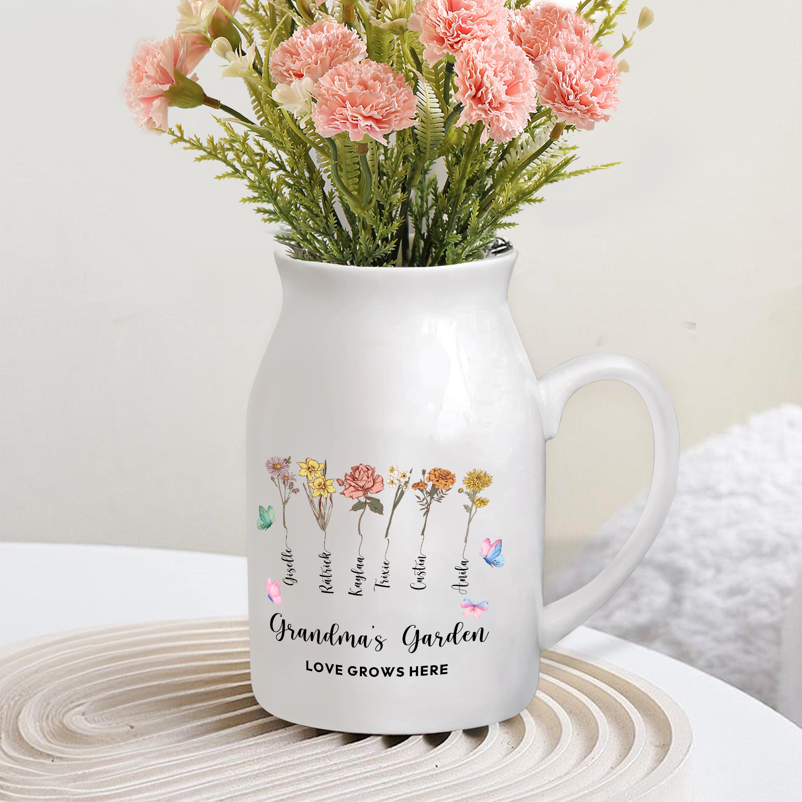 6 Names Personalized Vase with Birthday Flowers – Add 6 Names 2 Texts – Ceramic Custom Gift for Mom, Grandma, Family