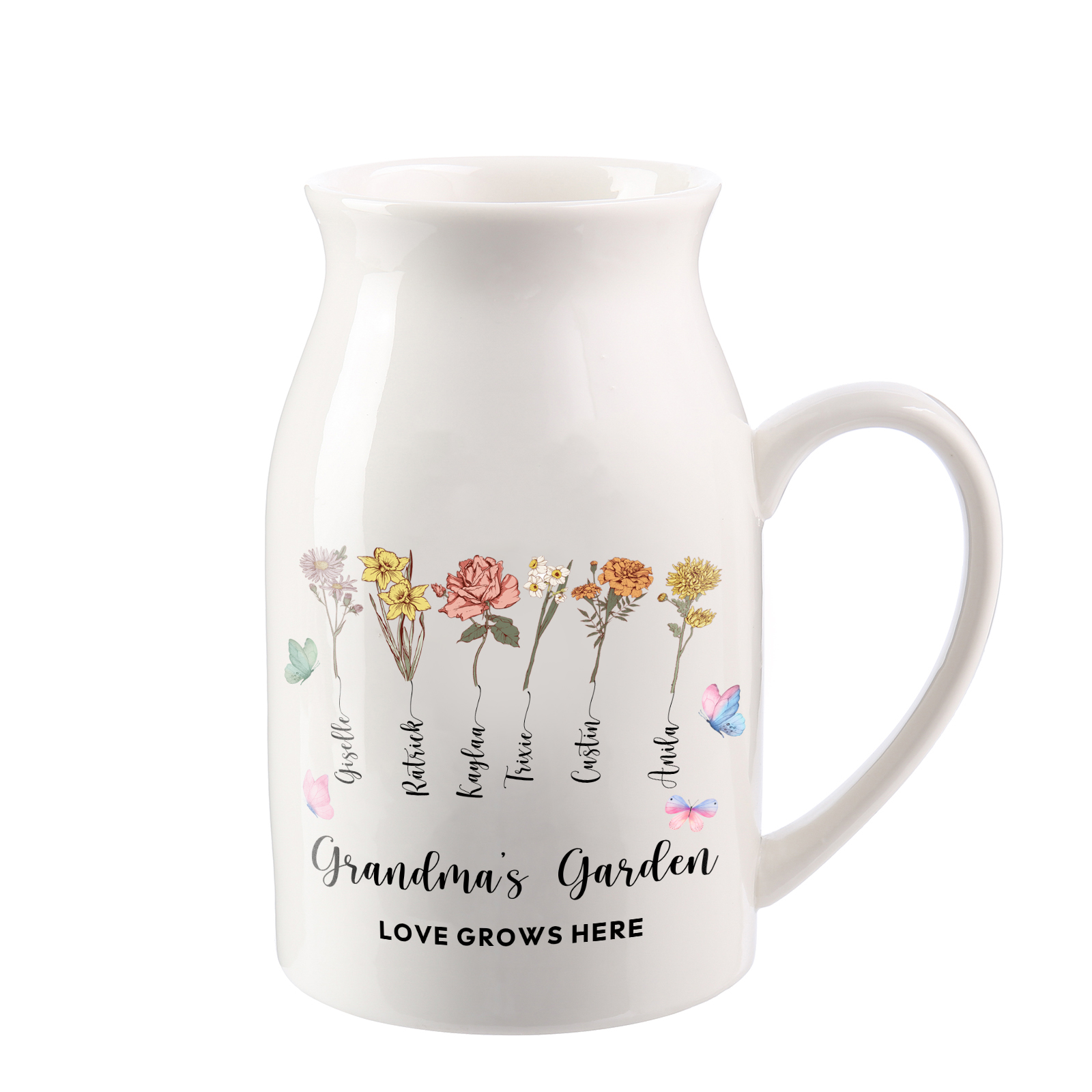 6 Names Personalized Vase with Birthday Flowers – Add 6 Names 2 Texts – Ceramic Custom Gift for Mom, Grandma, Family