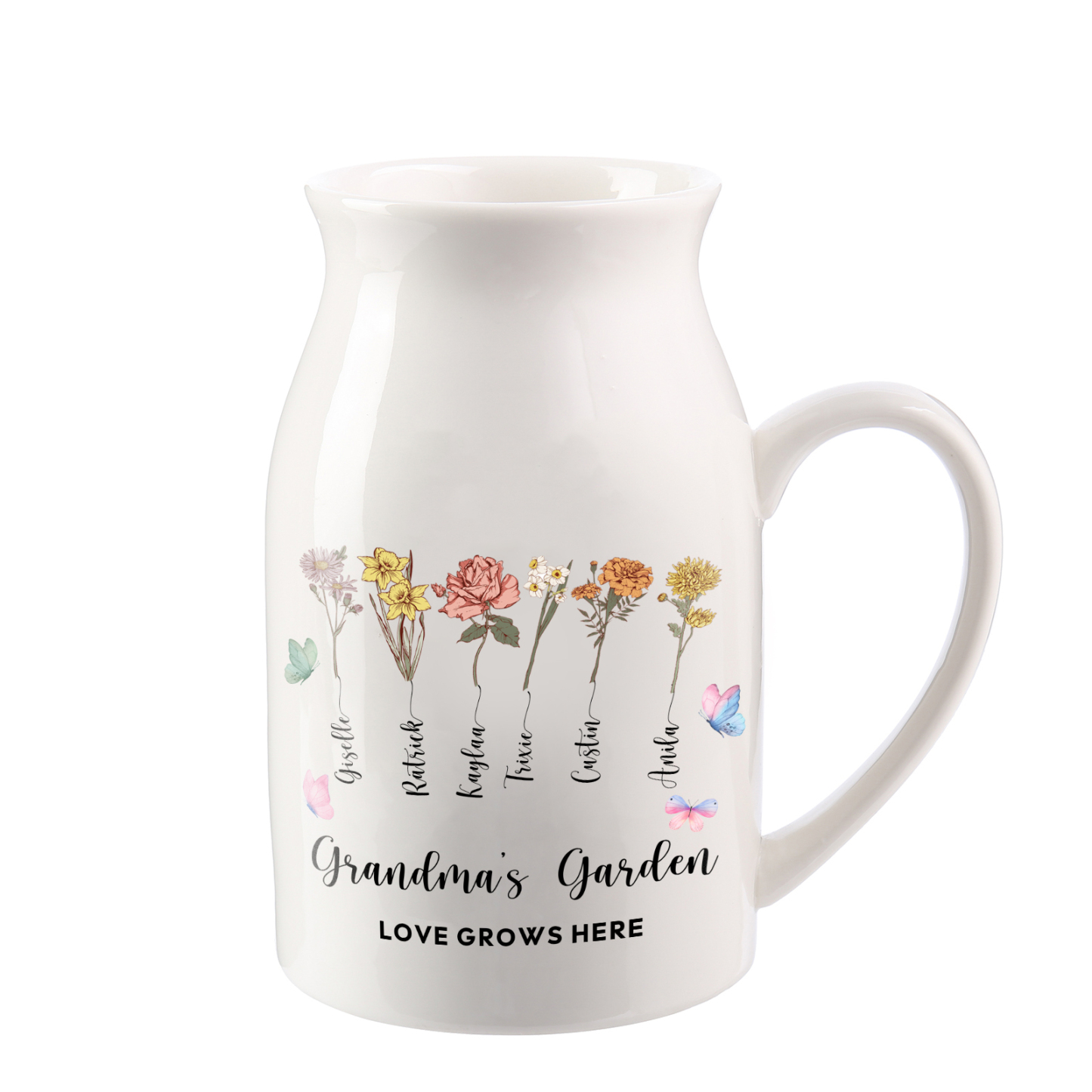 6 Names Personalized Vase with Birthday Flowers – Add 6 Names 2 Texts – Ceramic Custom Gift for Mom, Grandma, Family