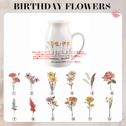 6 Names Personalized Vase with Birthday Flowers – Add 6 Names 2 Texts – Ceramic Custom Gift for Mom, Grandma, Family