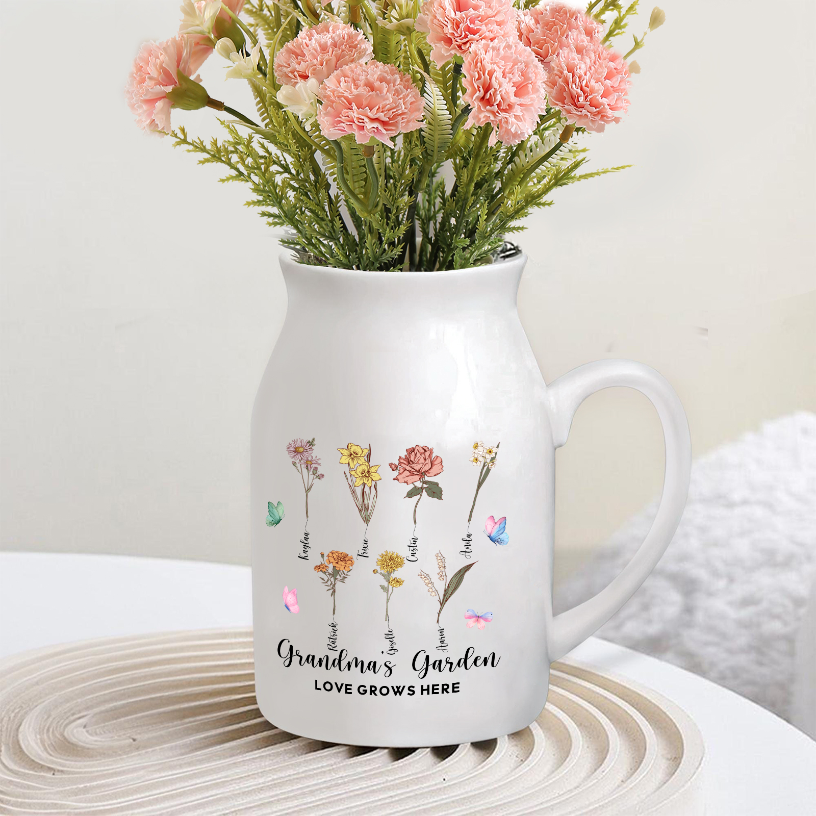 7 Names Personalized Vase with Birthday Flowers – Add 7 Names 2 Texts – Ceramic Custom Gift for Mom, Grandma, Family