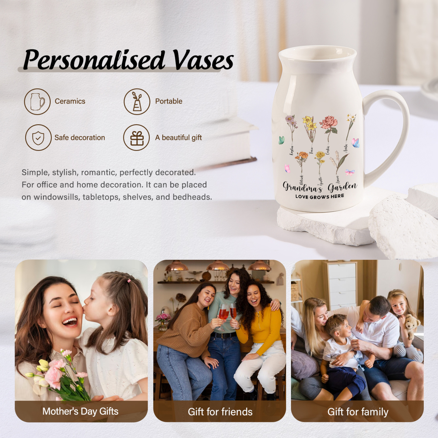 7 Names Personalized Vase with Birthday Flowers – Add 7 Names 2 Texts – Ceramic Custom Gift for Mom, Grandma, Family