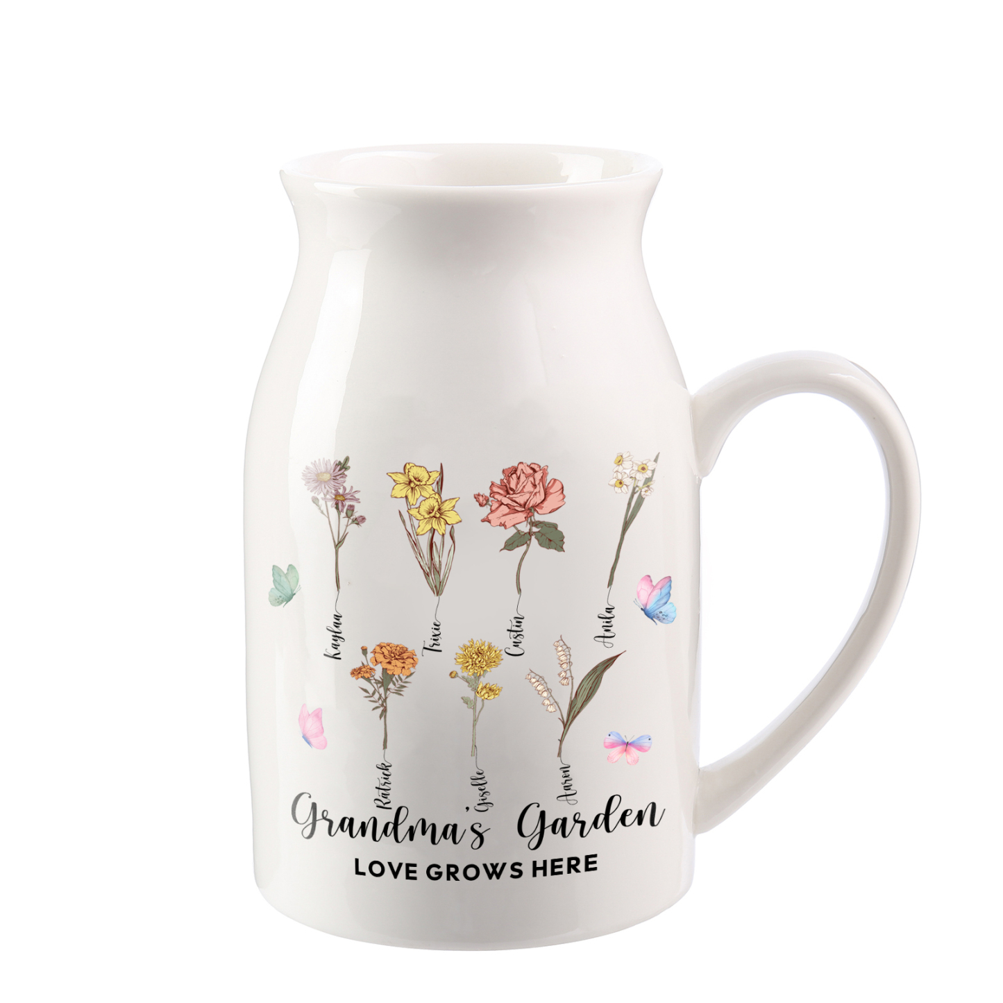 7 Names Personalized Vase with Birthday Flowers – Add 7 Names 2 Texts – Ceramic Custom Gift for Mom, Grandma, Family