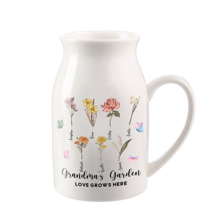 7 Names Personalized Vase with Birthday Flowers – Add 7 Names 2 Texts – Ceramic Custom Gift for Mom, Grandma, Family