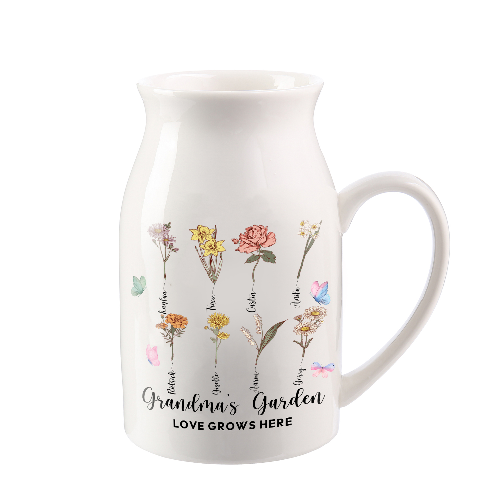 8 Names Personalized Vase with Birthday Flowers – Add 8 Names 2 Texts – Ceramic Custom Gift for Mom, Grandma, Family