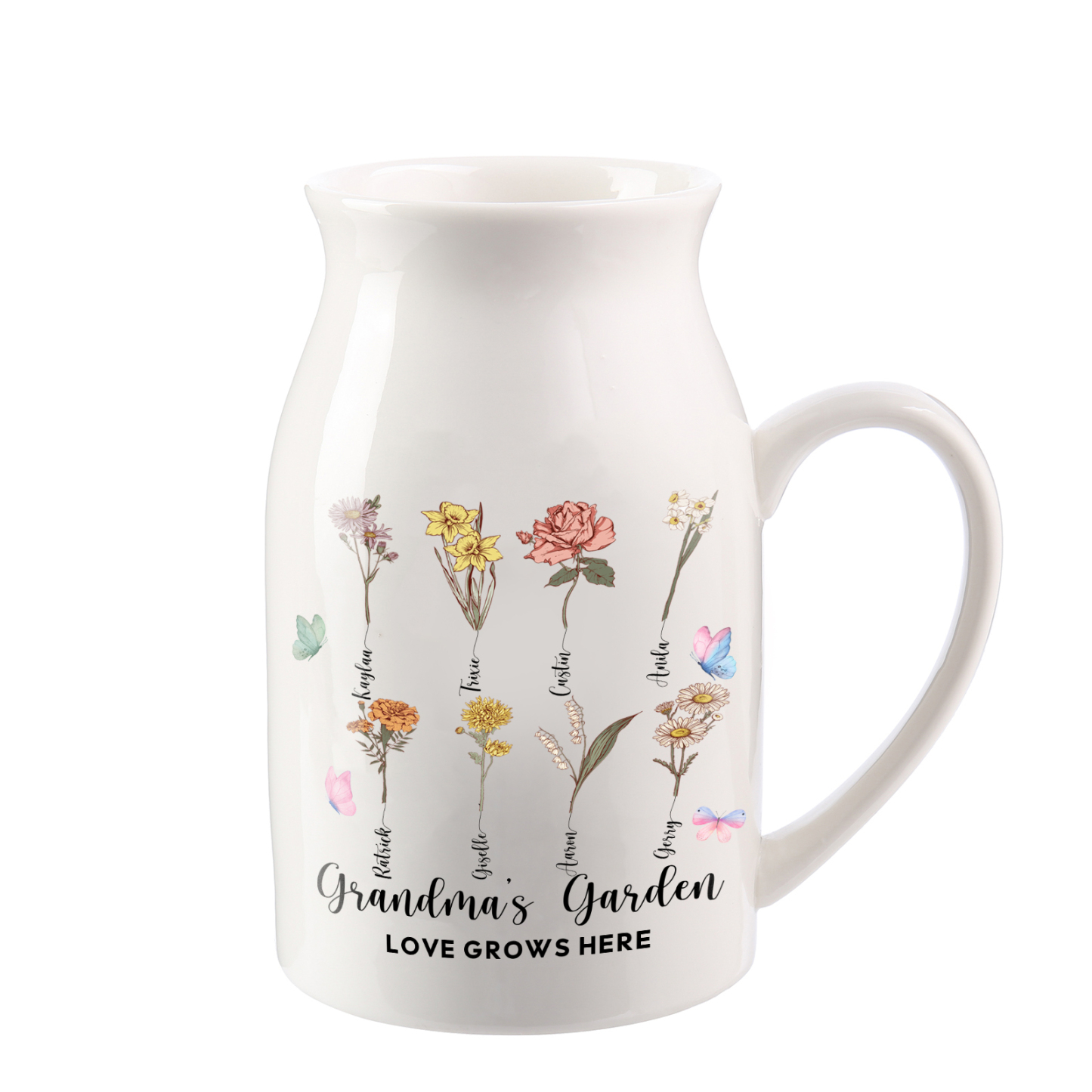 8 Names Personalized Vase with Birthday Flowers – Add 8 Names 2 Texts – Ceramic Custom Gift for Mom, Grandma, Family
