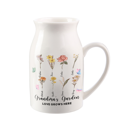 8 Names Personalized Vase with Birthday Flowers – Add 8 Names 2 Texts – Ceramic Custom Gift for Mom, Grandma, Family
