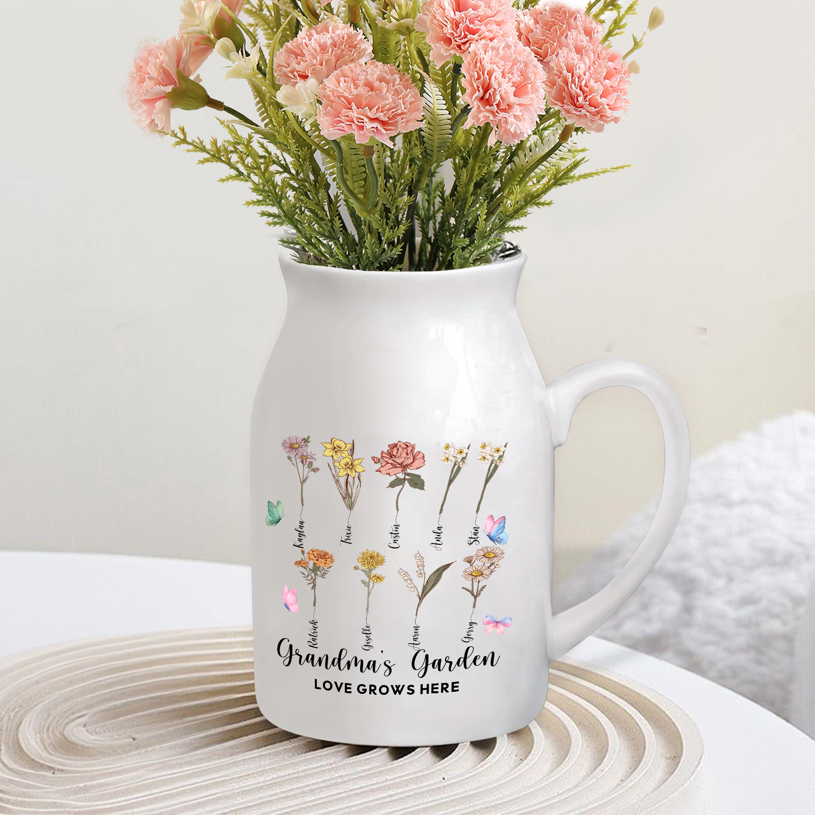9 Names Personalized Vase with Birthday Flowers – Add 9 Names 2 Texts – Ceramic Custom Gift for Mom, Grandma, Family