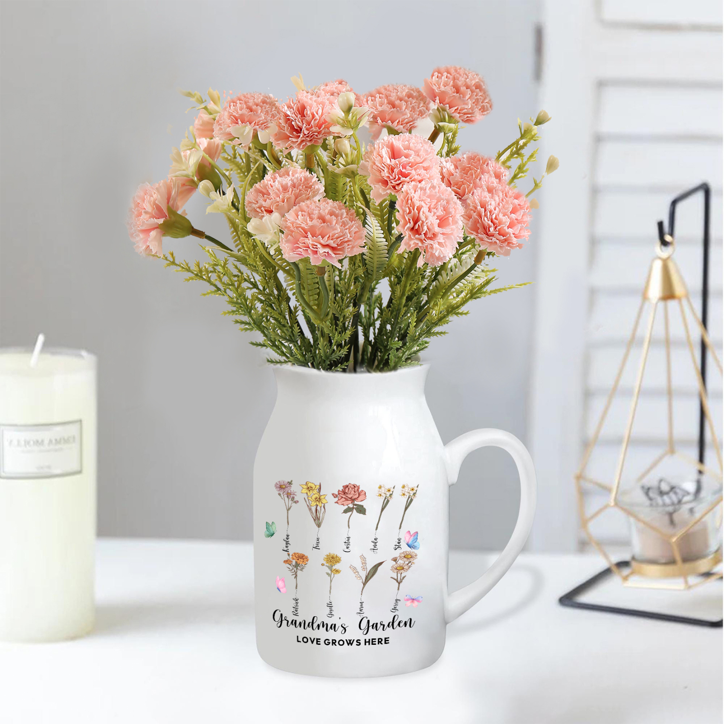 9 Names Personalized Vase with Birthday Flowers – Add 9 Names 2 Texts – Ceramic Custom Gift for Mom, Grandma, Family