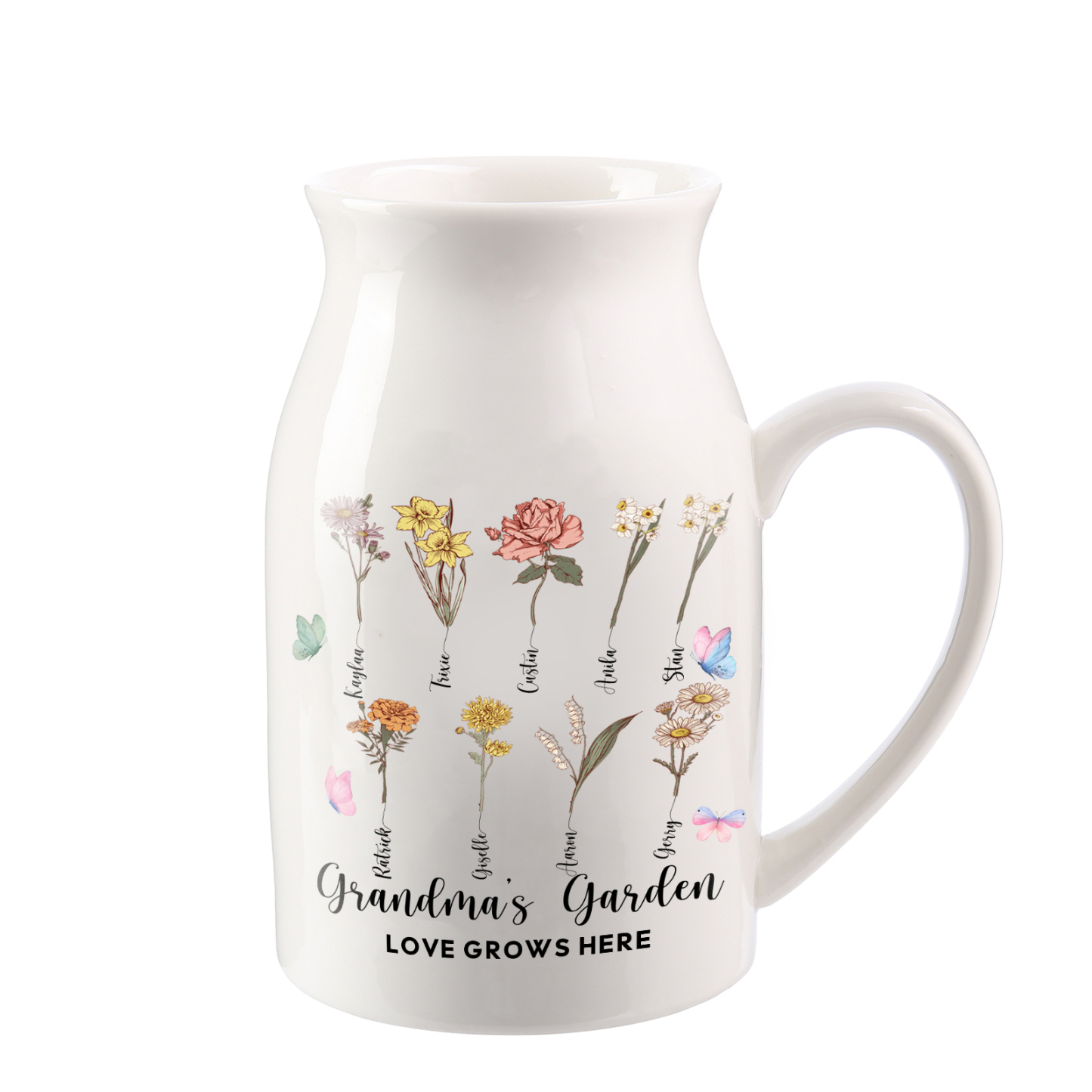 9 Names Personalized Vase with Birthday Flowers – Add 9 Names 2 Texts – Ceramic Custom Gift for Mom, Grandma, Family