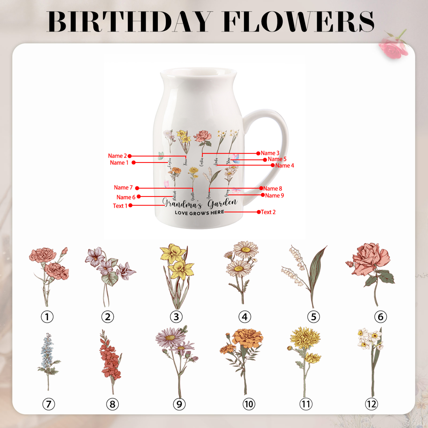 9 Names Personalized Vase with Birthday Flowers – Add 9 Names 2 Texts – Ceramic Custom Gift for Mom, Grandma, Family