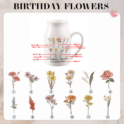 9 Names Personalized Vase with Birthday Flowers – Add 9 Names 2 Texts – Ceramic Custom Gift for Mom, Grandma, Family