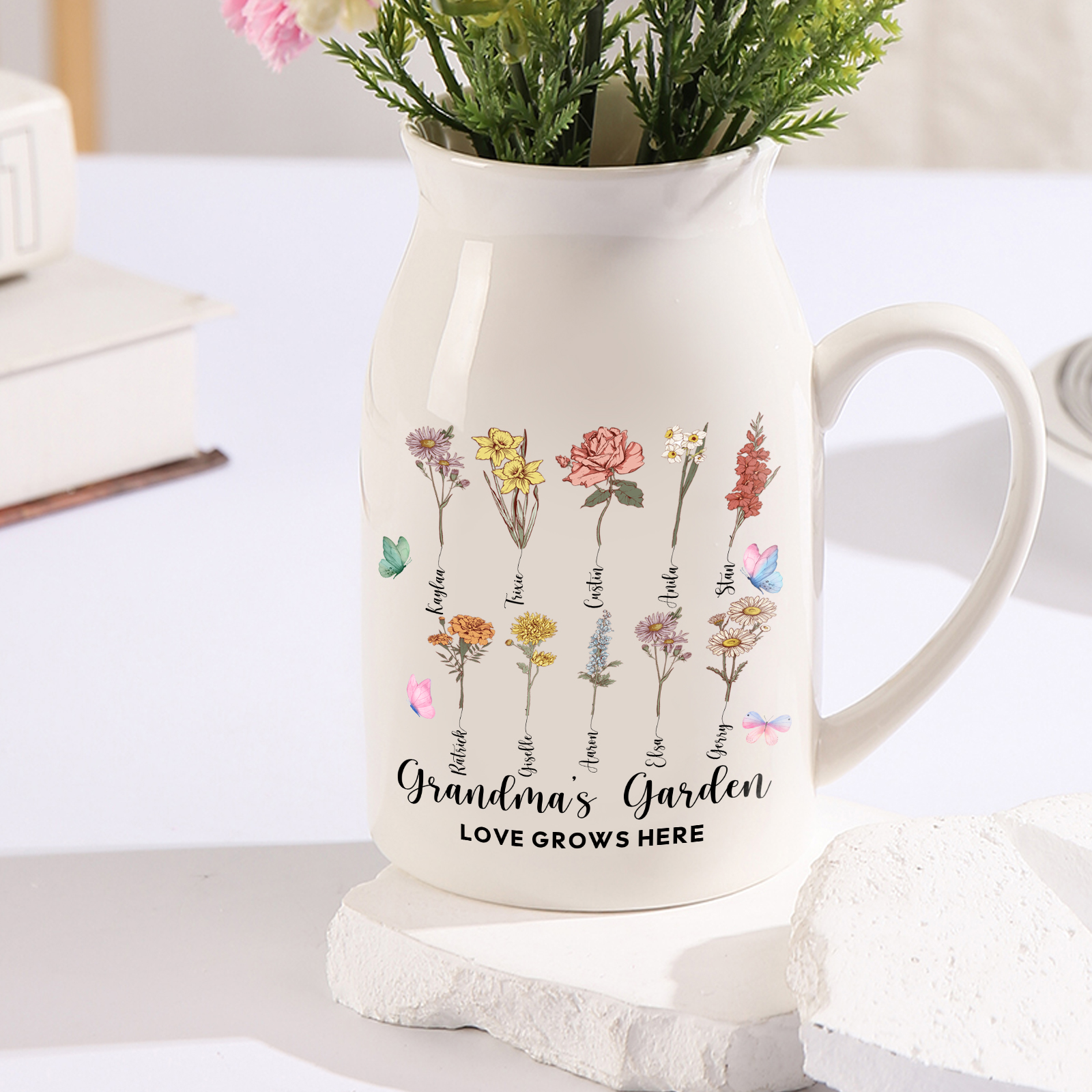 10 Names Personalized Vase with Birthday Flowers – Add 10 Names 2 Texts – Ceramic Custom Gift for Mom, Grandma, Family