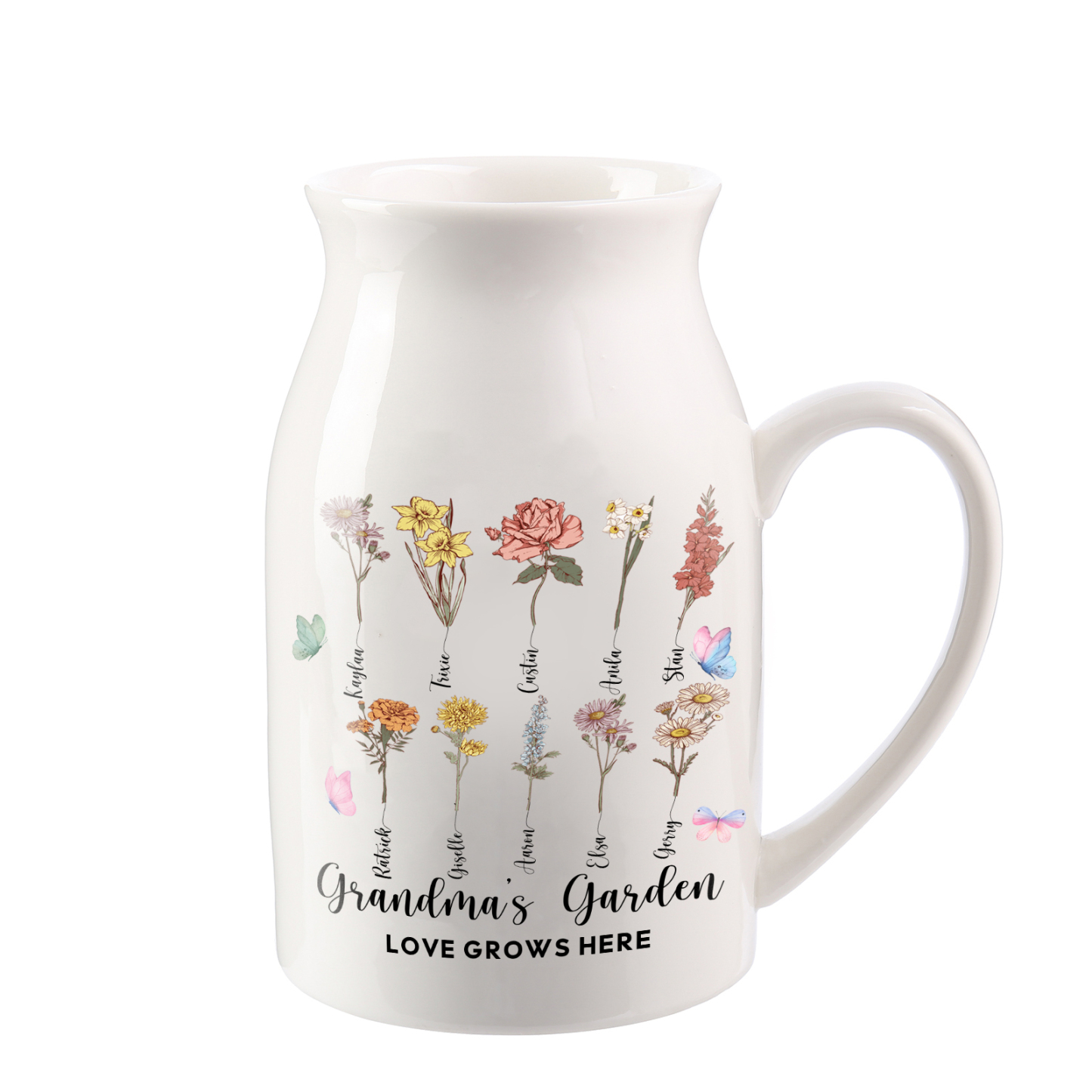 10 Names Personalized Vase with Birthday Flowers – Add 10 Names 2 Texts – Ceramic Custom Gift for Mom, Grandma, Family