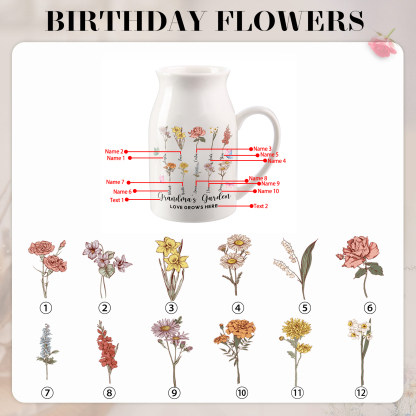 10 Names Personalized Vase with Birthday Flowers – Add 10 Names 2 Texts – Ceramic Custom Gift for Mom, Grandma, Family
