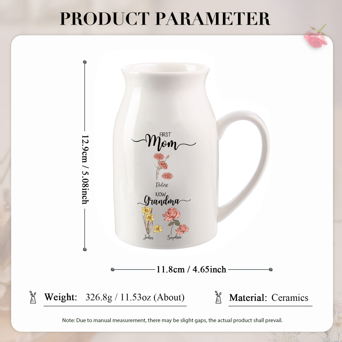 3 Names Personalized Vase with Birthday Flowers – Add 3 Names 2 Texts – Ceramic Custom Gift for Mom, Grandma, Family