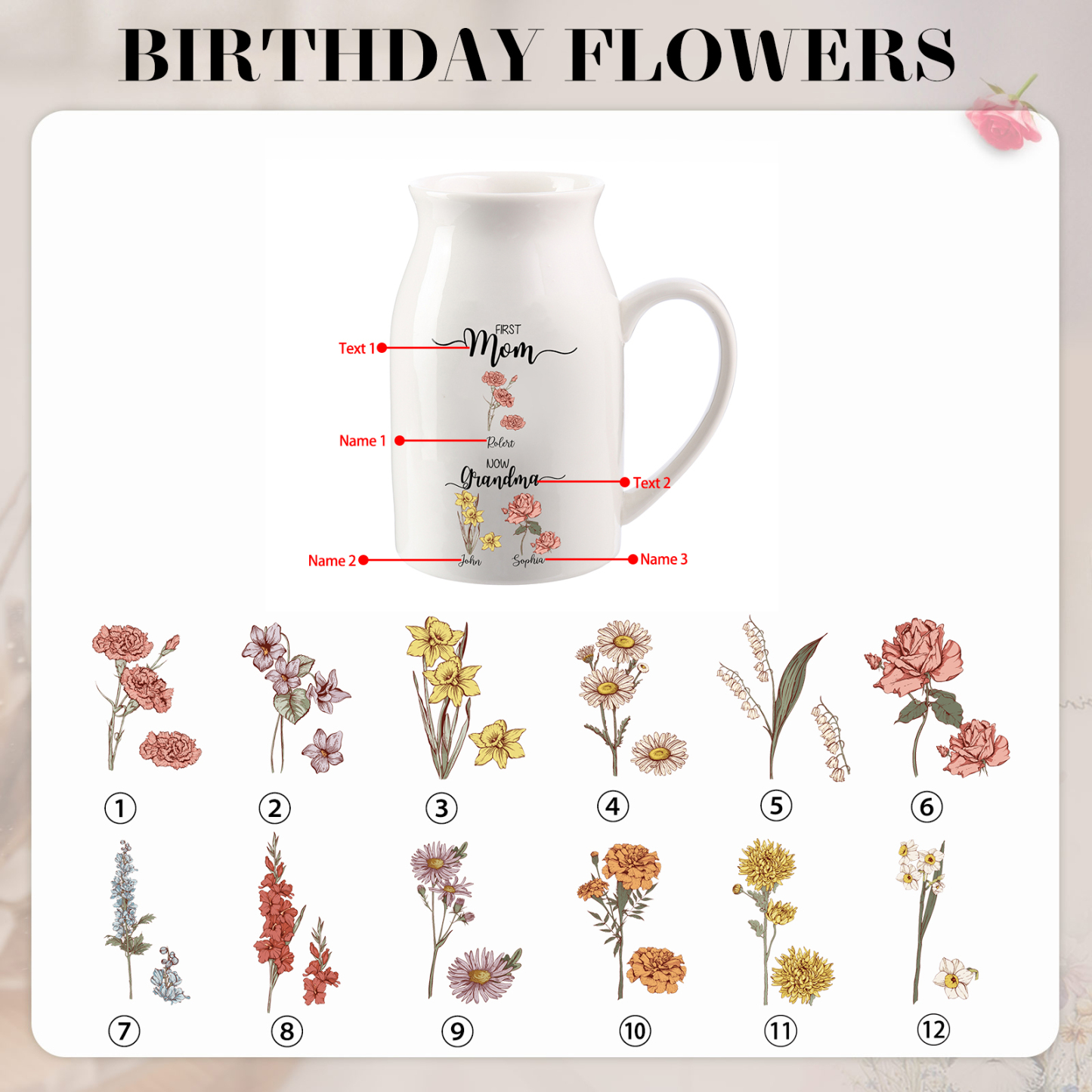 3 Names Personalized Vase with Birthday Flowers – Add 3 Names 2 Texts – Ceramic Custom Gift for Mom, Grandma, Family