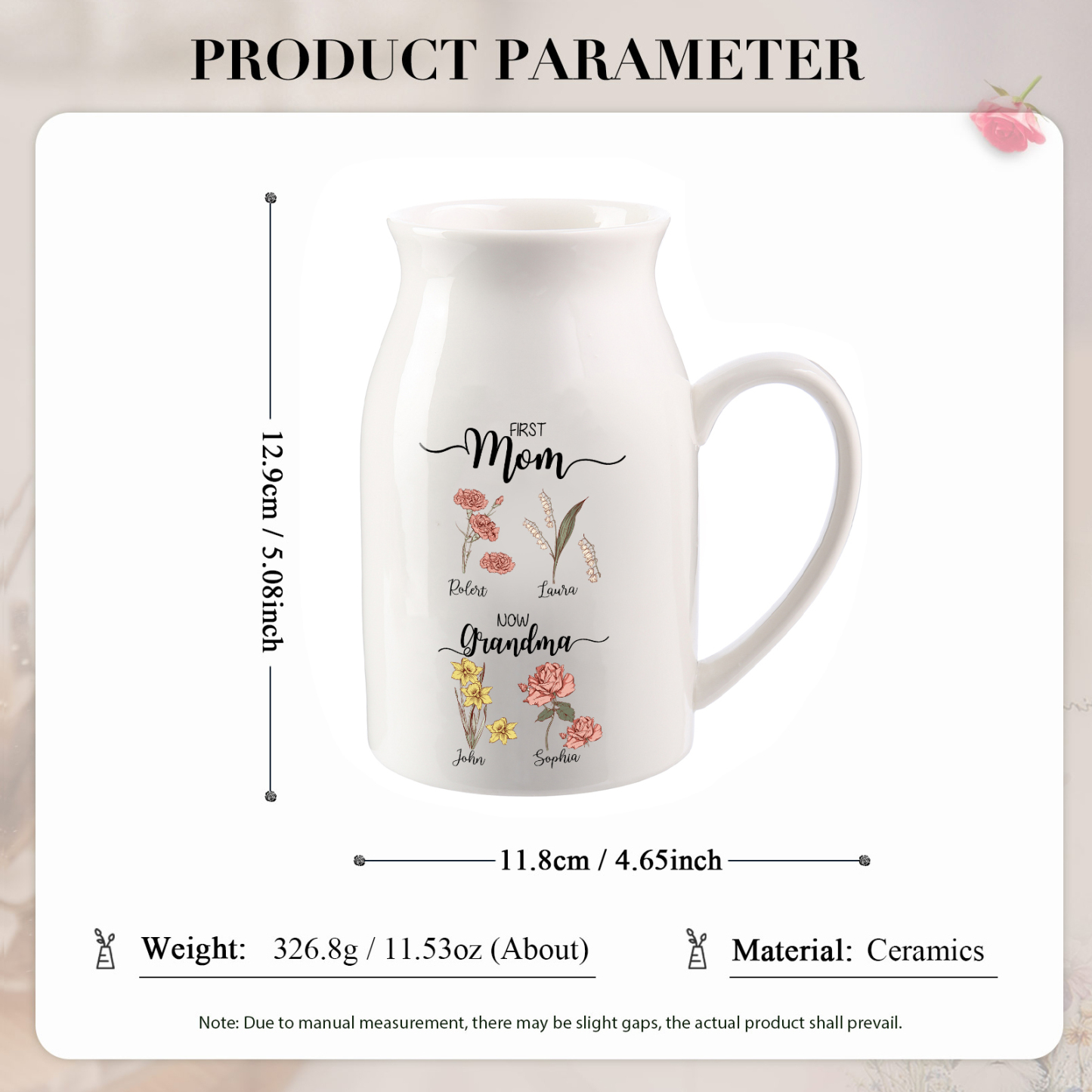 4 Names Personalized Vase with Birthday Flowers – Add 4 Names 2 Texts – Ceramic Custom Gift for Mom, Grandma, Family