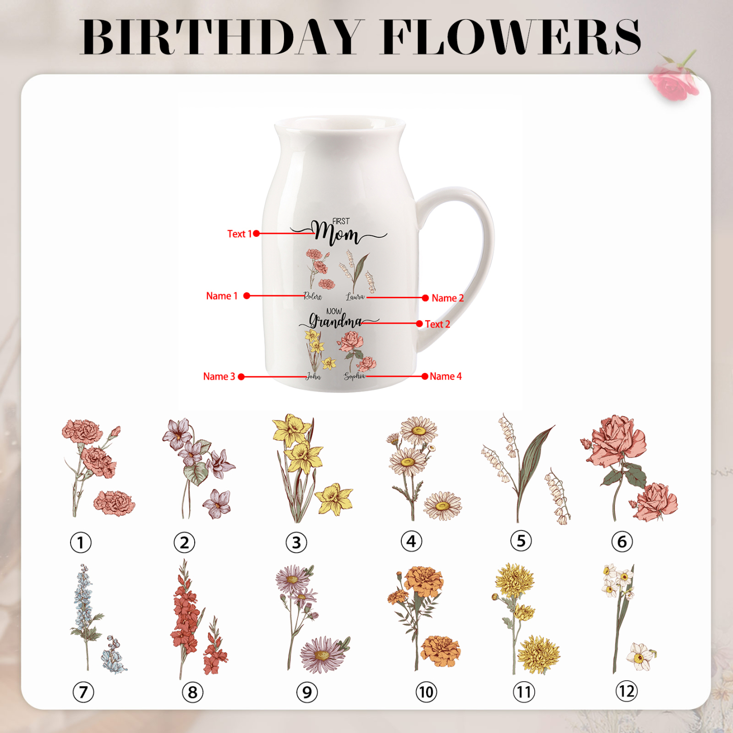 4 Names Personalized Vase with Birthday Flowers – Add 4 Names 2 Texts – Ceramic Custom Gift for Mom, Grandma, Family