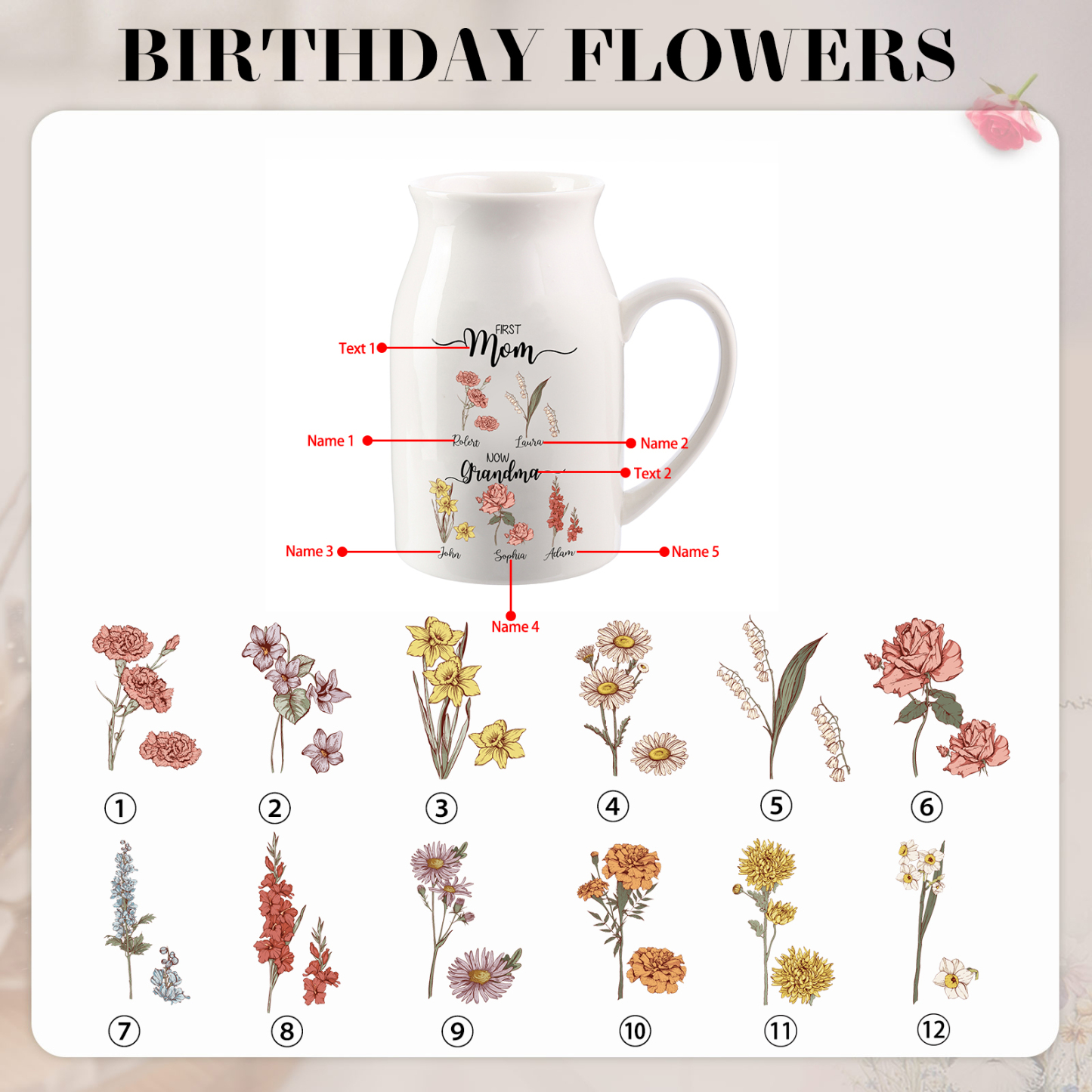 5 Names Personalized Vase with Birthday Flowers – Add 5 Names 2 Texts – Ceramic Custom Gift for Mom, Grandma, Family