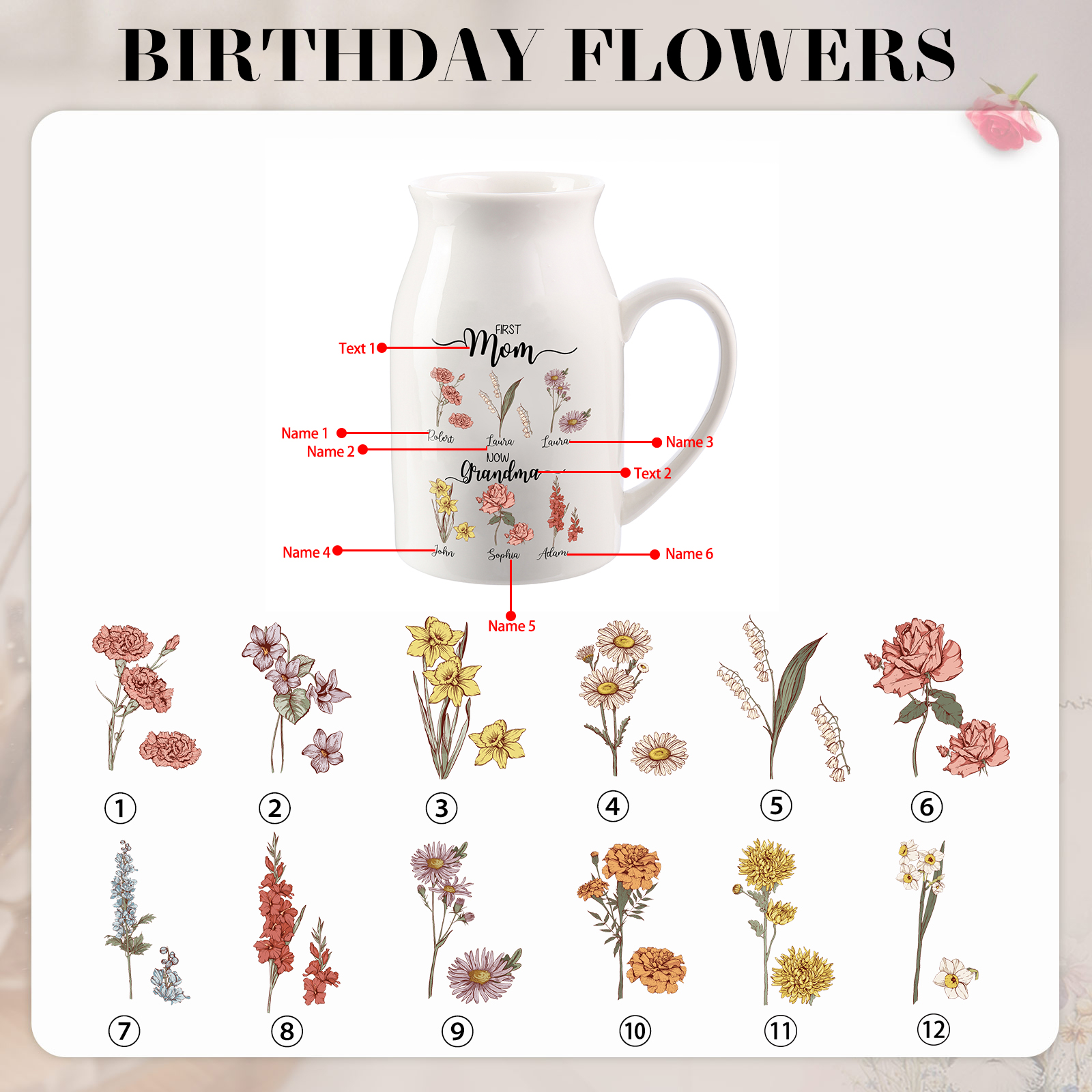 6 Names Personalized Vase with Birthday Flowers – Add 6 Names 2 Texts – Ceramic Custom Gift for Mom, Grandma, Family