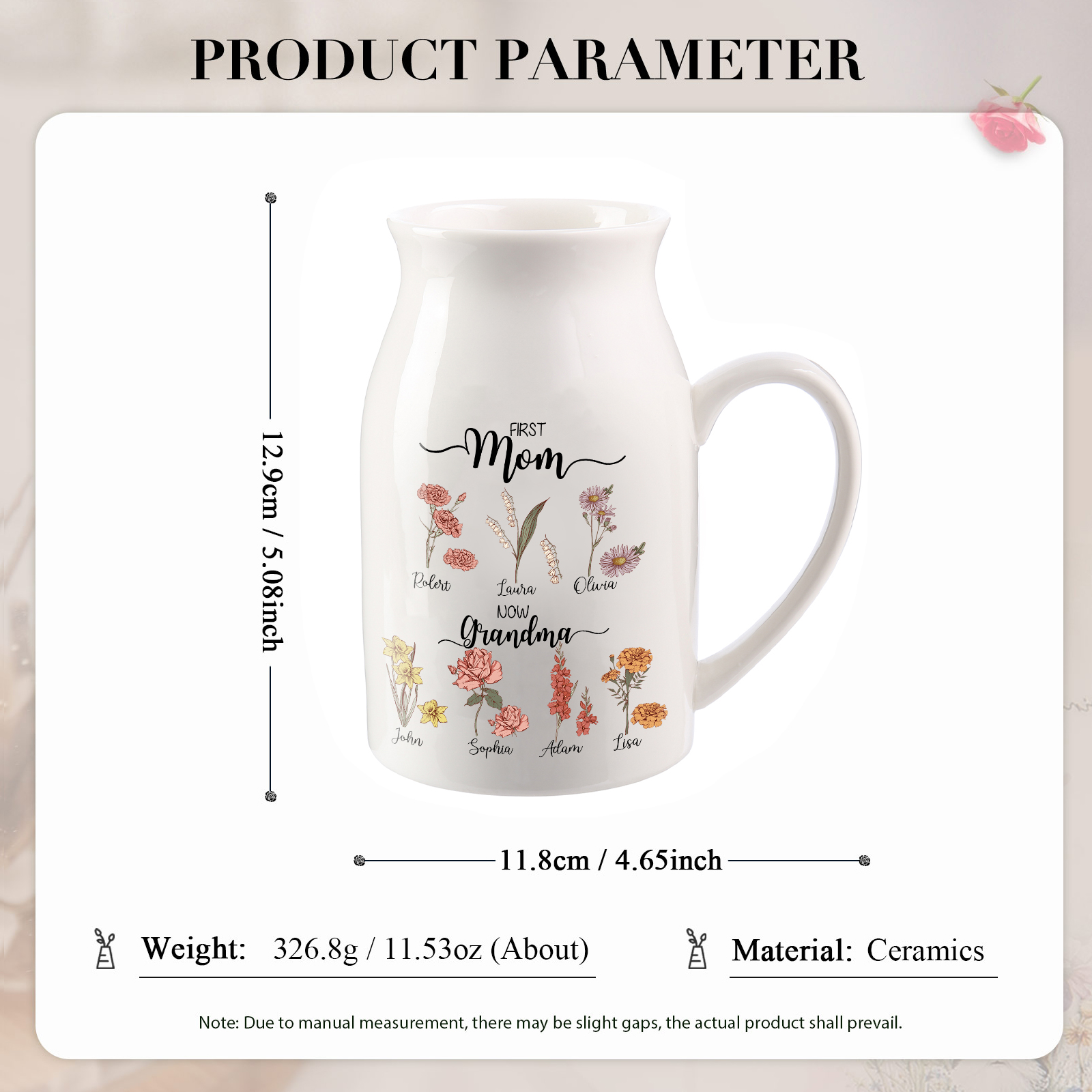 7 Names Personalized Vase with Birthday Flowers – Add 7 Names 2 Texts – Ceramic Custom Gift for Mom, Grandma, Family