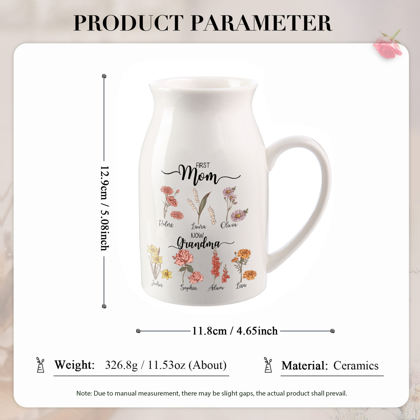 7 Names Personalized Vase with Birthday Flowers – Add 7 Names 2 Texts – Ceramic Custom Gift for Mom, Grandma, Family