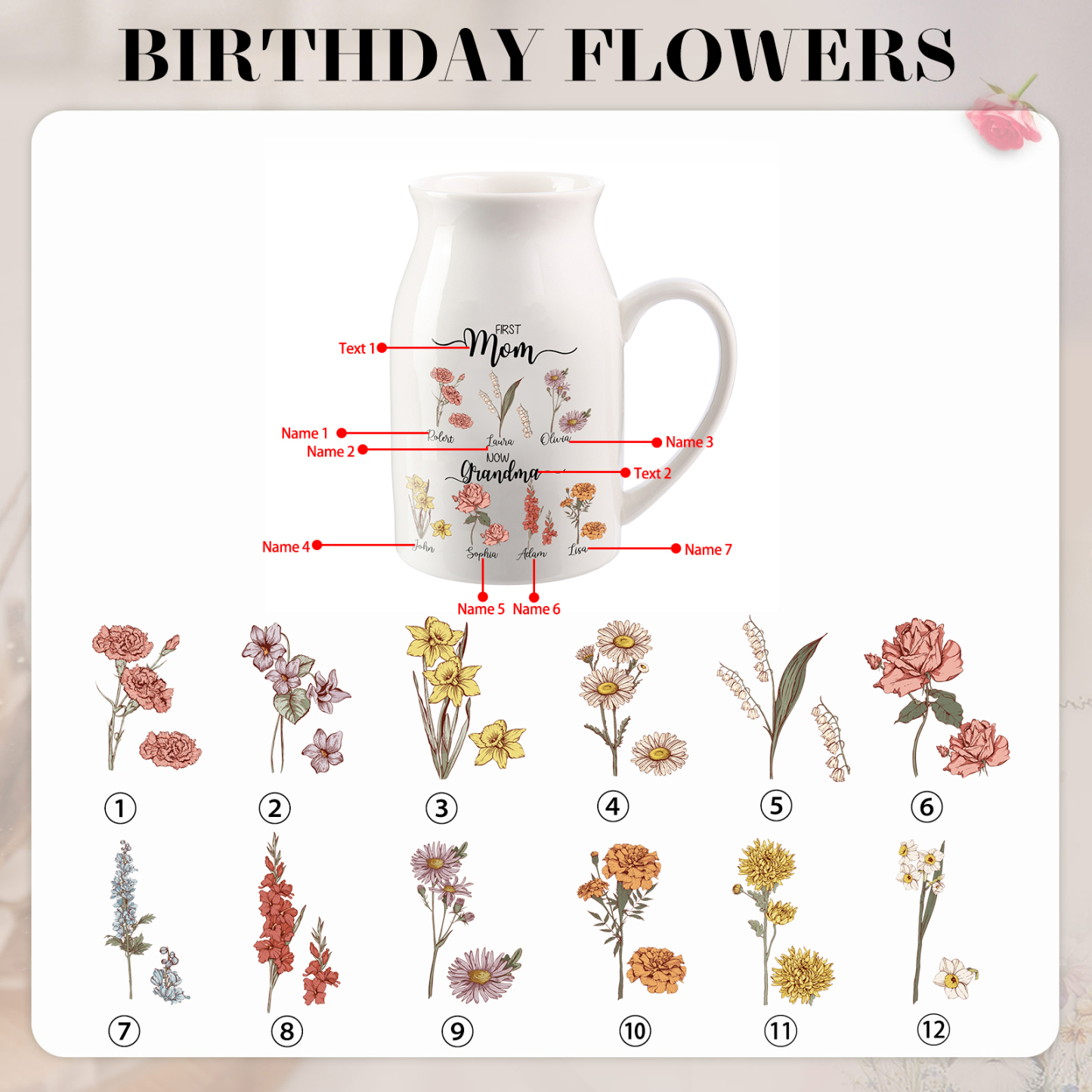 7 Names Personalized Vase with Birthday Flowers – Add 7 Names 2 Texts – Ceramic Custom Gift for Mom, Grandma, Family