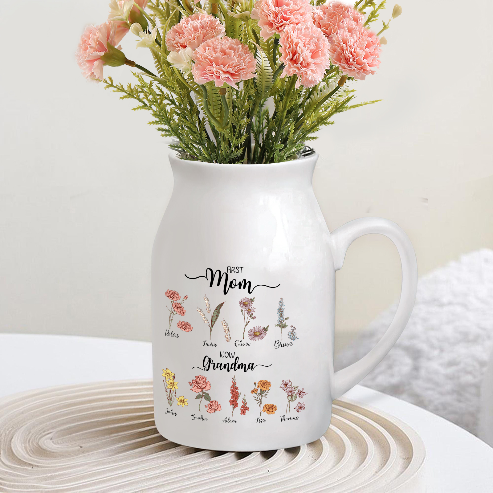 9 Names Personalized Vase with Birthday Flowers – Add 9 Names 2 Texts – Ceramic Custom Gift for Mom, Grandma, Family
