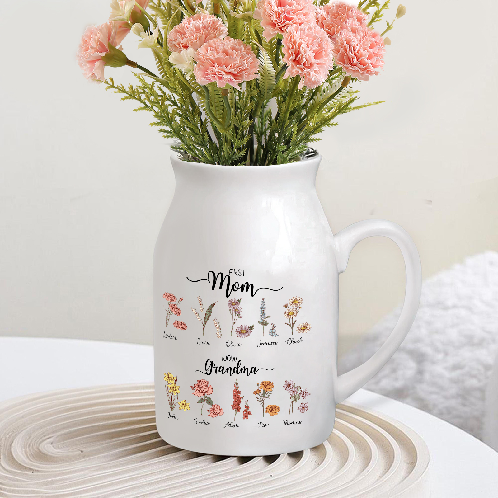 10 Names Personalized Vase with Birthday Flowers – Add 10 Names 2 Texts – Ceramic Custom Gift for Mom, Grandma, Family