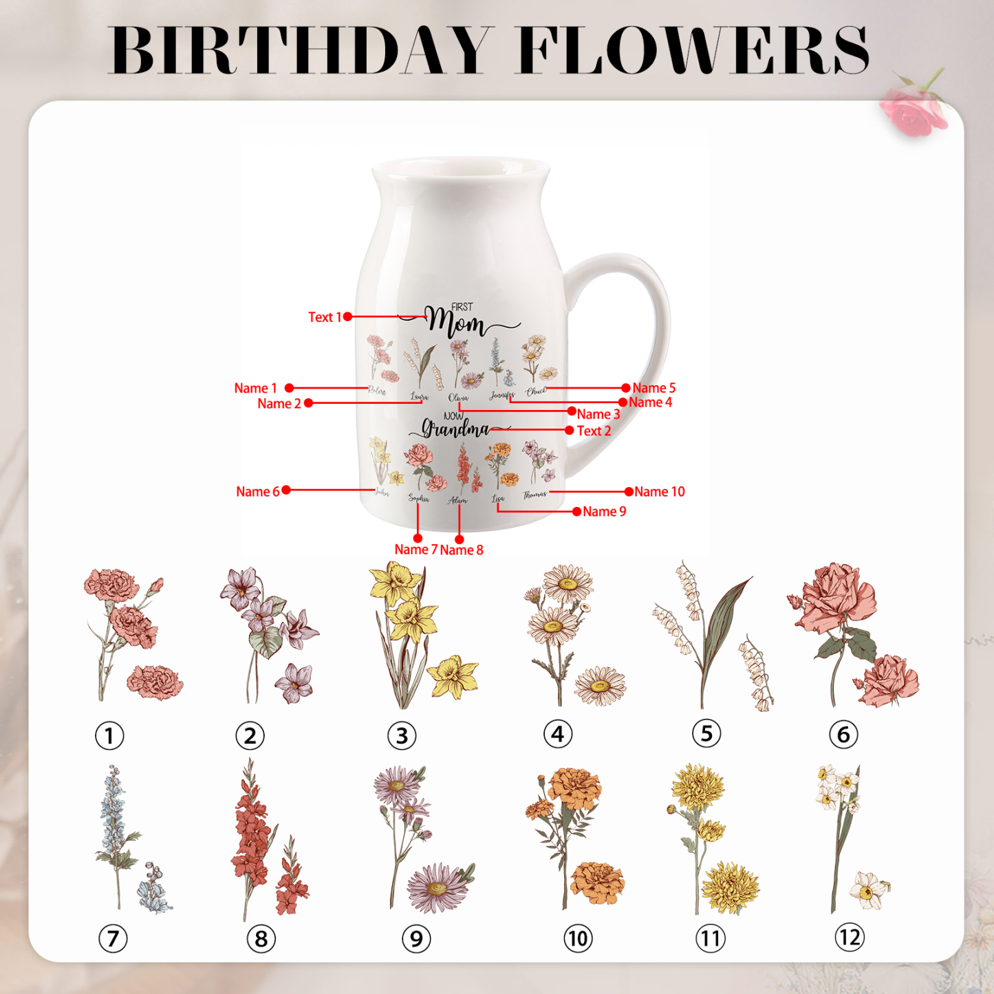 10 Names Personalized Vase with Birthday Flowers – Add 10 Names 2 Texts – Ceramic Custom Gift for Mom, Grandma, Family
