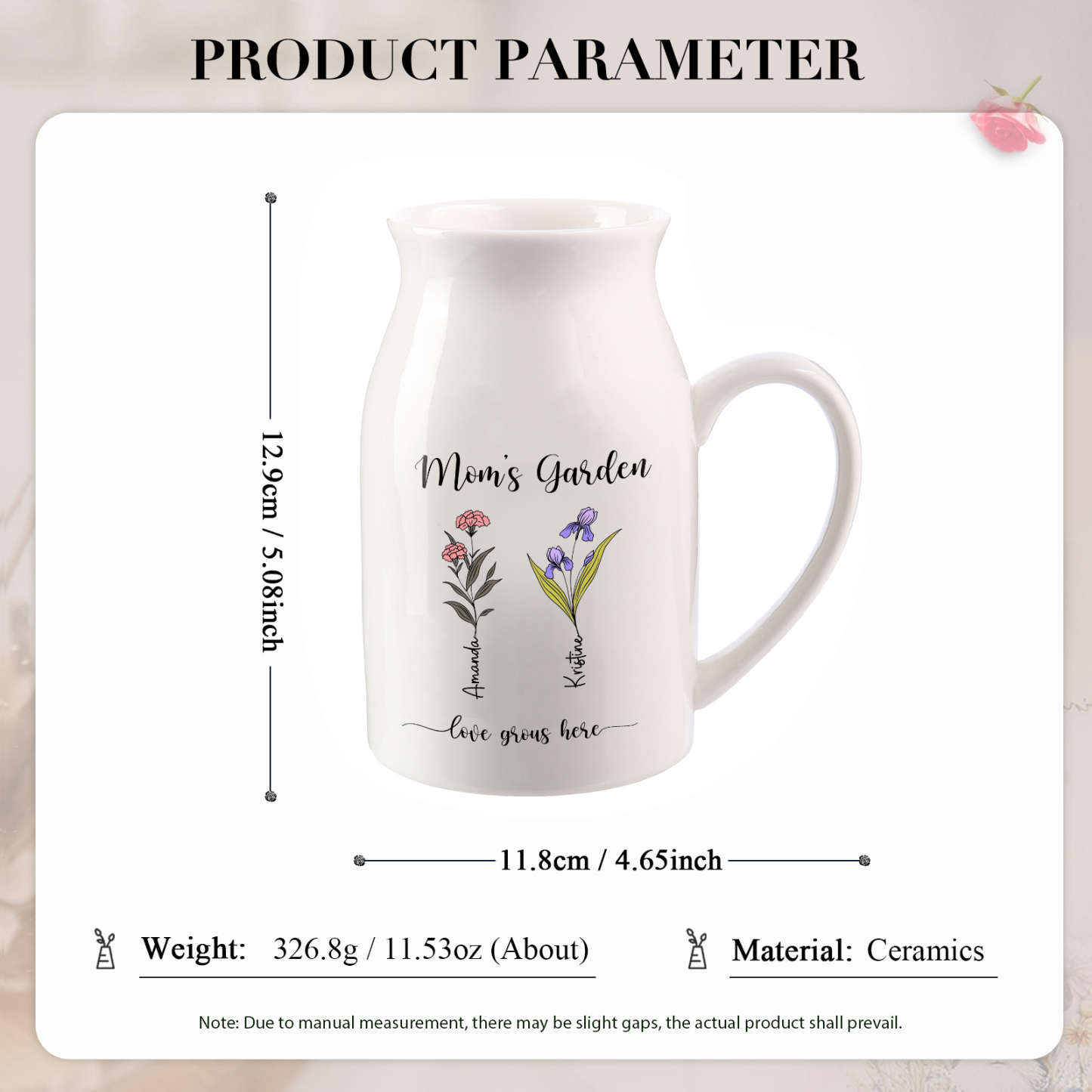 2 Names Personalized Vase with Birthday Flowers – Add 2 Names 2 Texts – Ceramic Custom Gift for Mom, Grandma, Family
