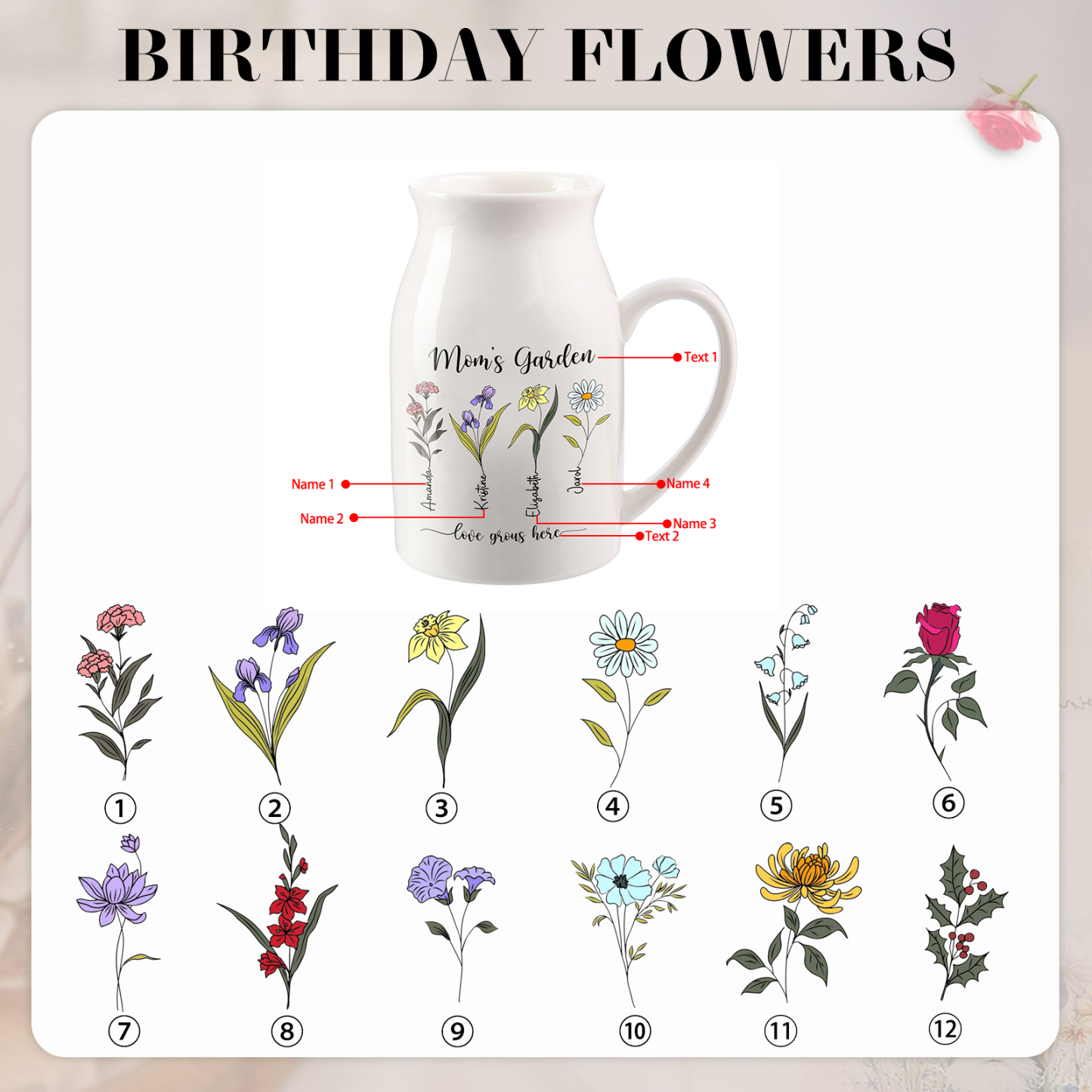 4 Names Personalized Vase with Birthday Flowers – Add 4 Names 2 Texts – Ceramic Custom Gift for Mom, Grandma, Family