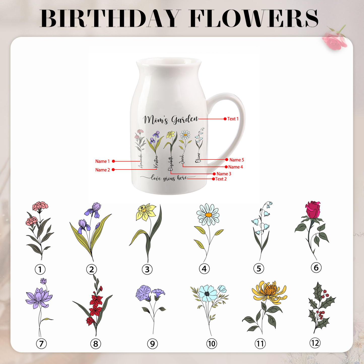 5 Names Personalized Vase with Birthday Flowers – Add 5 Names 2 Texts – Ceramic Custom Gift for Mom, Grandma, Family