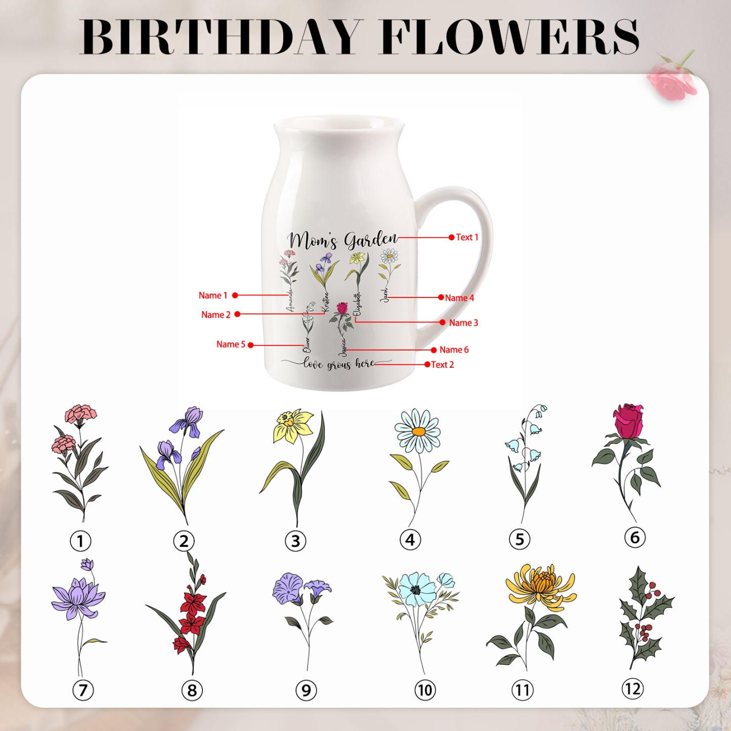 6 Names Personalized Vase with Birthday Flowers – Add 6 Names 2 Texts – Ceramic Custom Gift for Mom, Grandma, Family