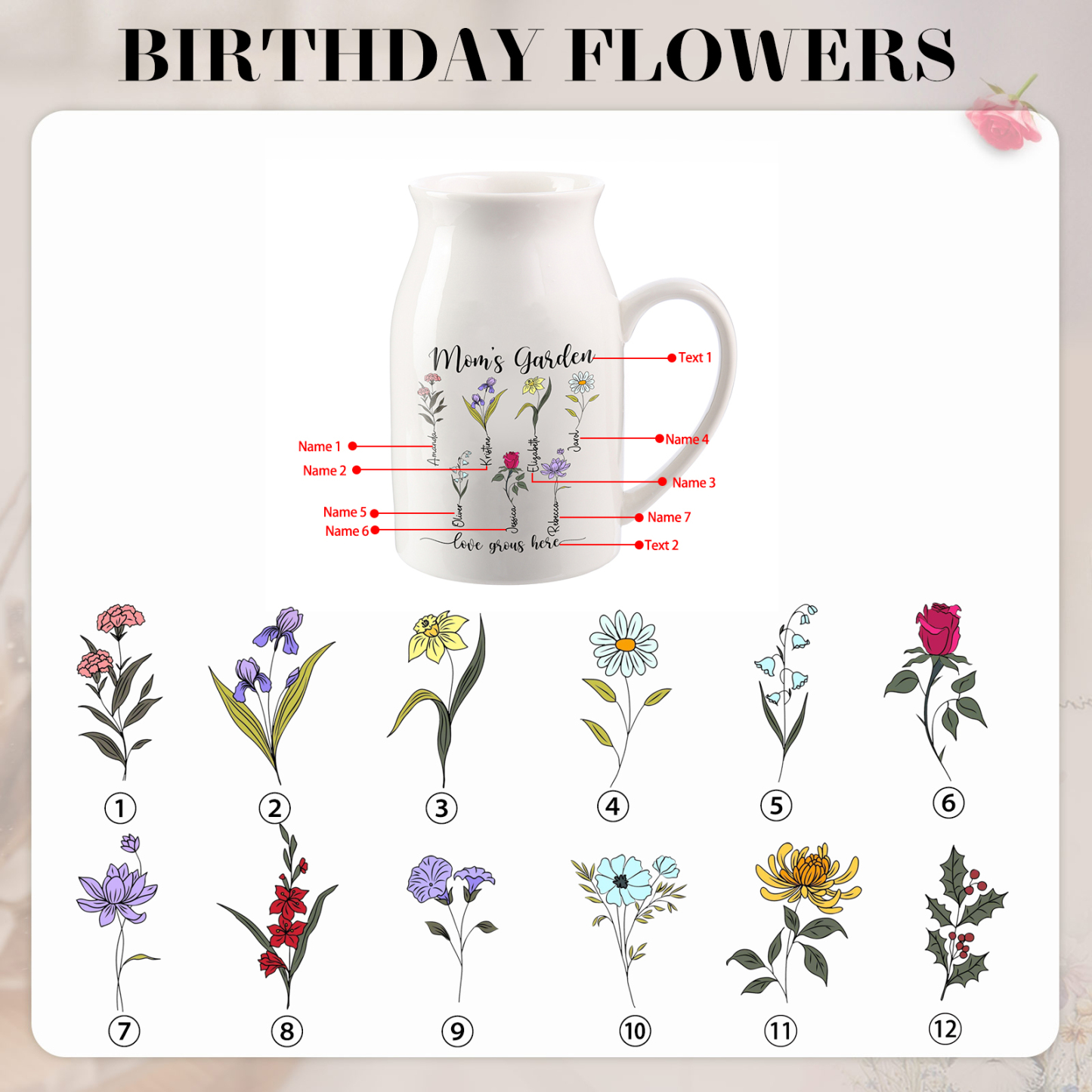 7 Names Personalized Vase with Birthday Flowers – Add 7 Names 2 Texts – Ceramic Custom Gift for Mom, Grandma, Family