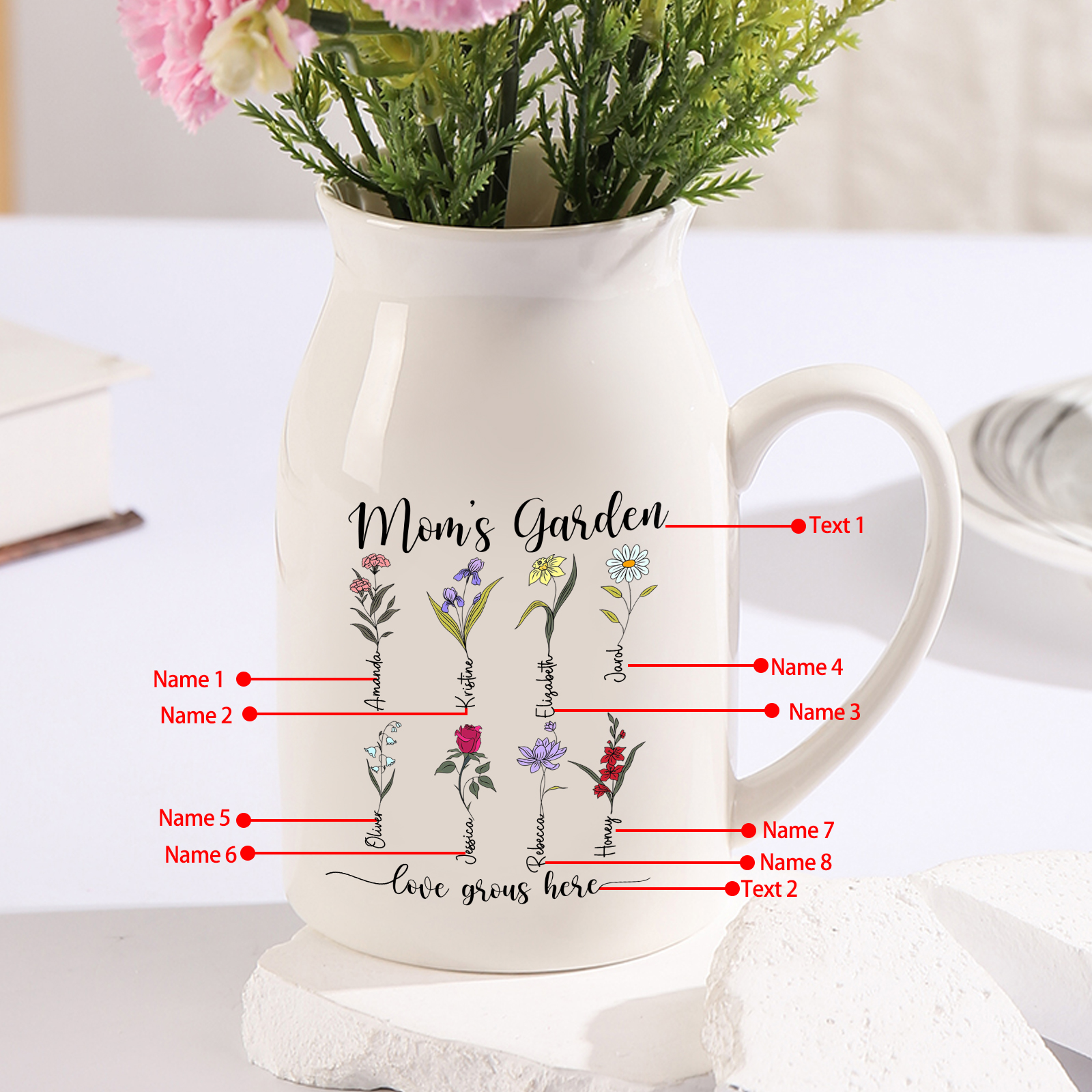 8 Names Personalized Vase with Birthday Flowers – Add 8 Names 2 Texts – Ceramic Custom Gift for Mom, Grandma, Family