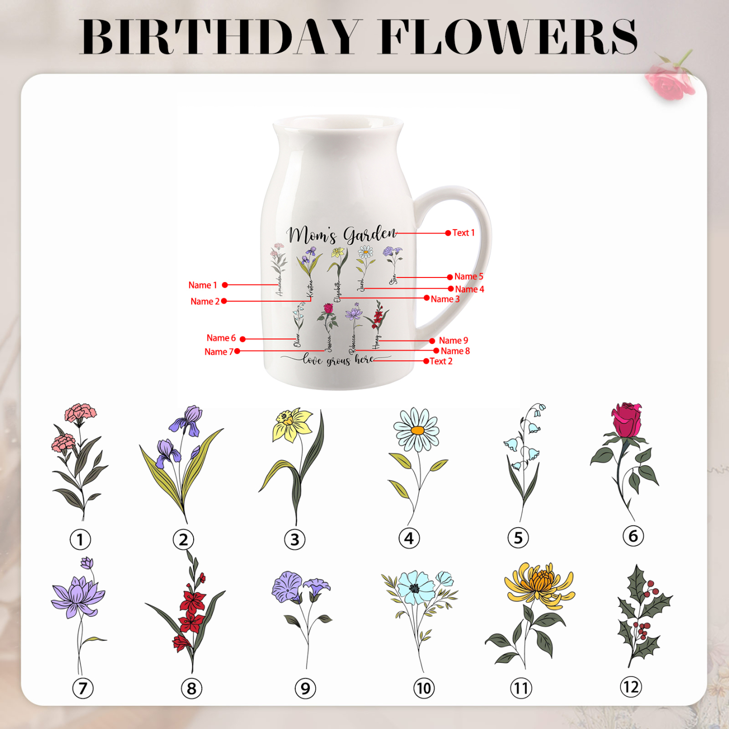 9 Names Personalized Vase with Birthday Flowers – Add 9 Names 2 Texts – Ceramic Custom Gift for Mom, Grandma, Family