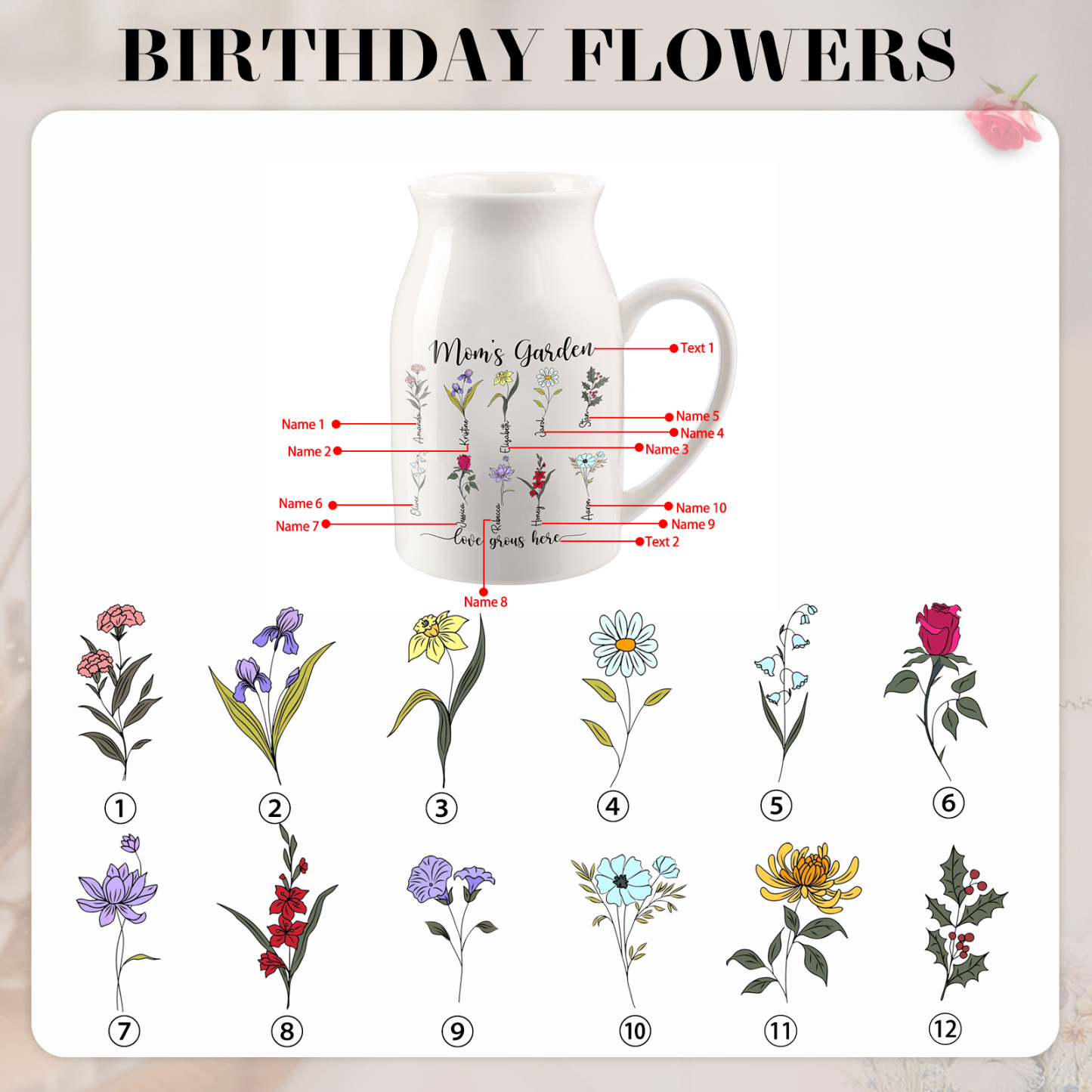 10 Names Personalized Vase with Birthday Flowers – Add 10 Names 2 Texts – Ceramic Custom Gift for Mom, Grandma, Family