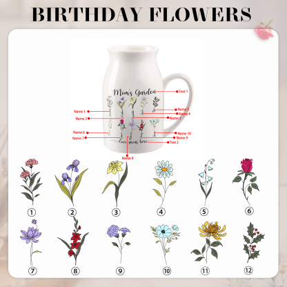 10 Names Personalized Vase with Birthday Flowers – Add 10 Names 2 Texts – Ceramic Custom Gift for Mom, Grandma, Family