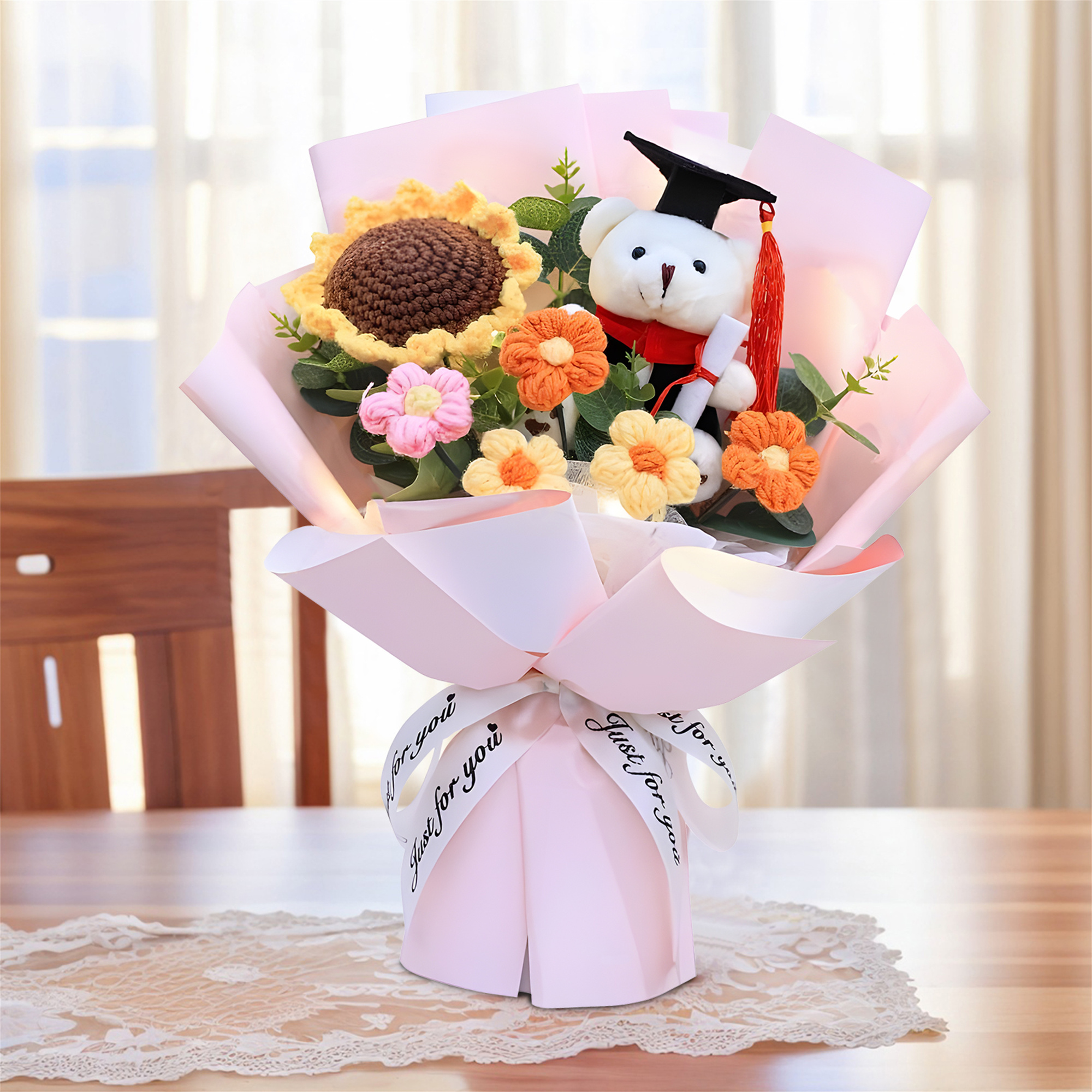 Unique Graduation Bouquet – Handmade Sunflower, Graduation Bear & Yarn Flowers