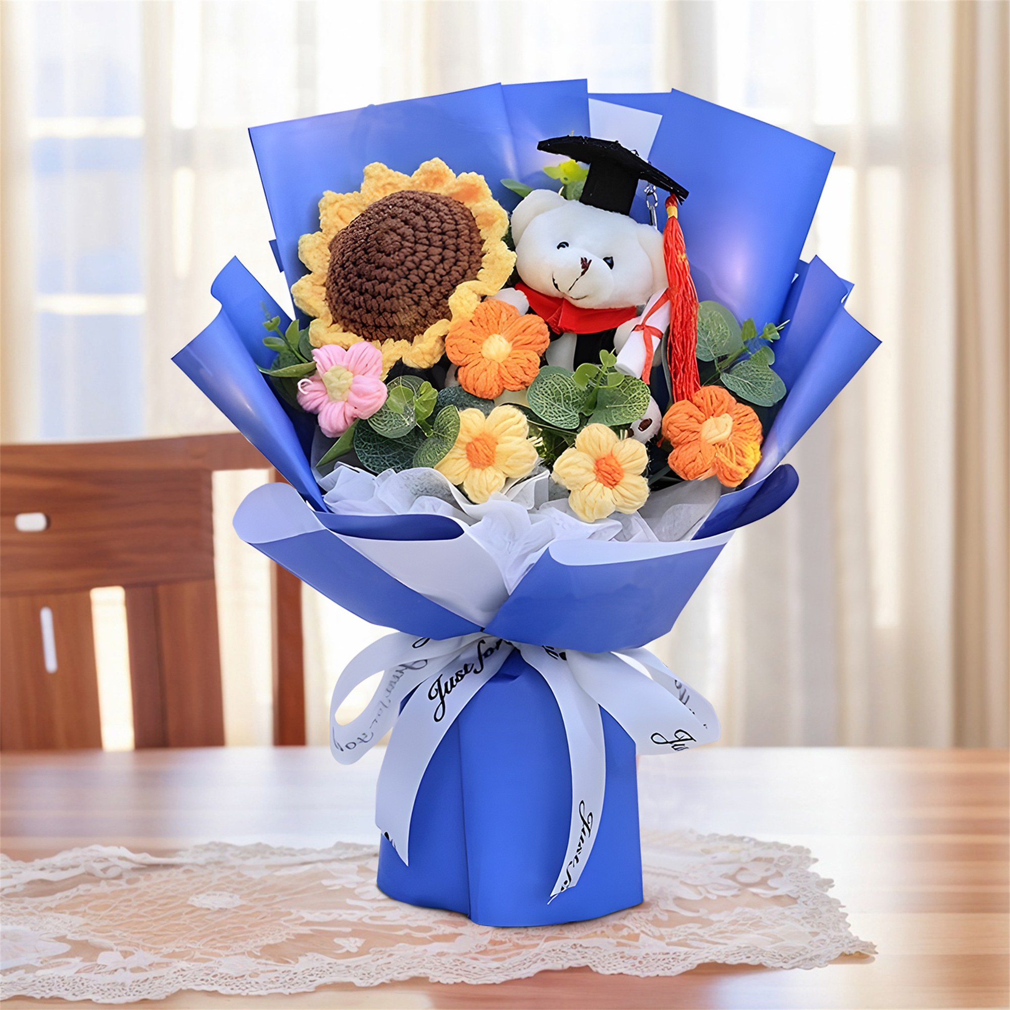 Unique Graduation Bouquet – Handmade Sunflower, Graduation Bear & Yarn Flowers
