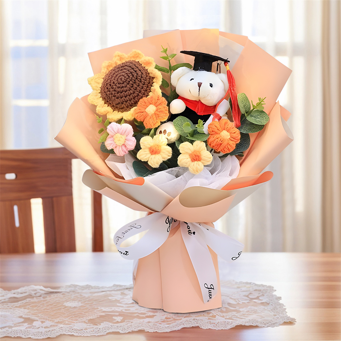 Unique Graduation Bouquet – Handmade Sunflower, Graduation Bear & Yarn Flowers