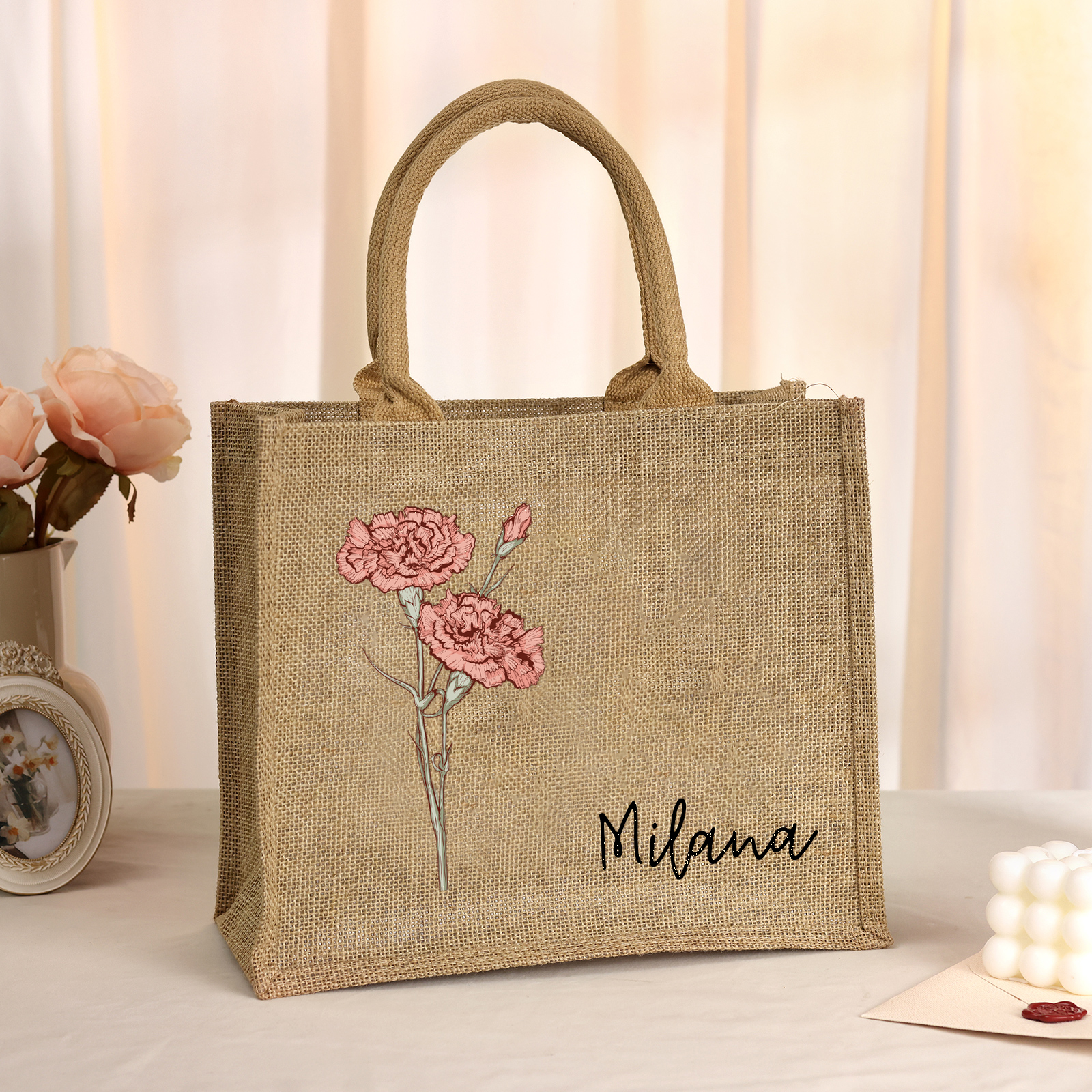 Personalized Birth Flower & Name Tote Bag Beach Jute Bag Birthday Wedding Party Travel Gift for Women/Girls