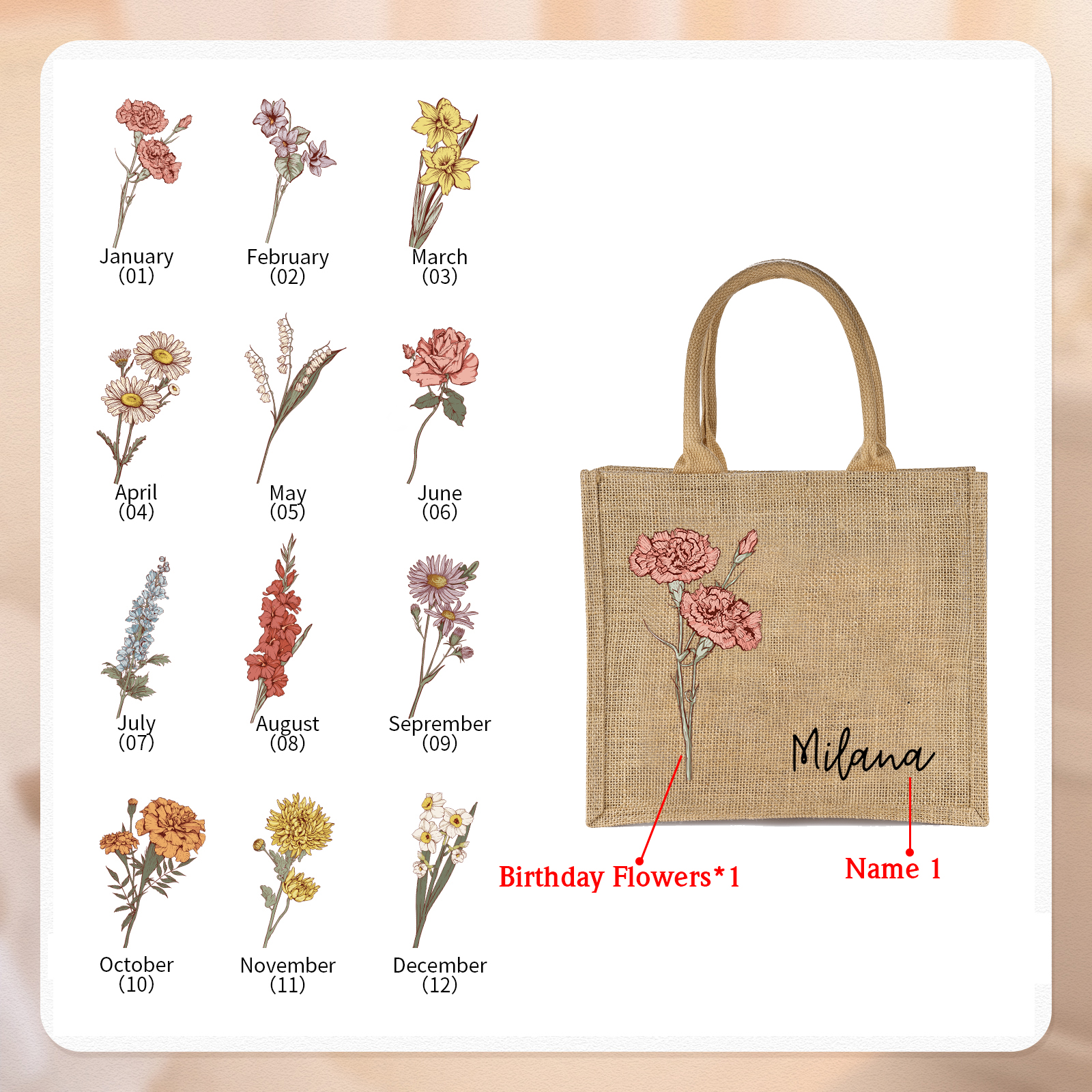 Personalized Birth Flower & Name Tote Bag Beach Jute Bag Birthday Wedding Party Travel Gift for Women/Girls